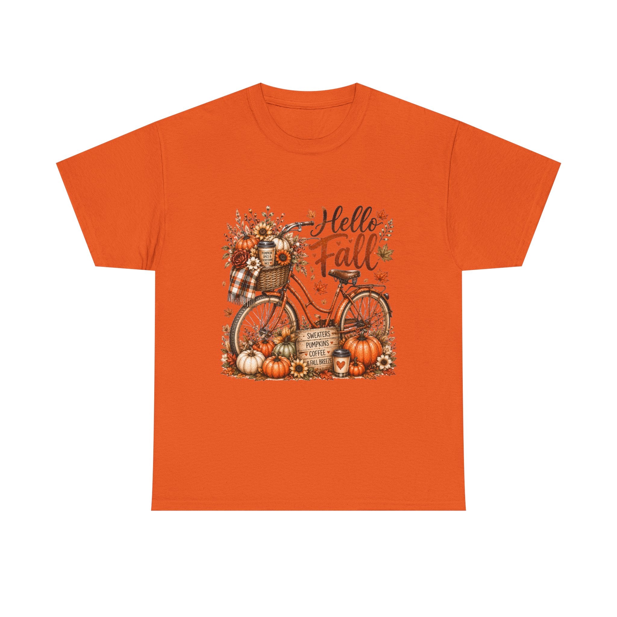 Hello Fall Pumpkin Bicycle Tee — Autumn Harvest Graphic T-Shirt