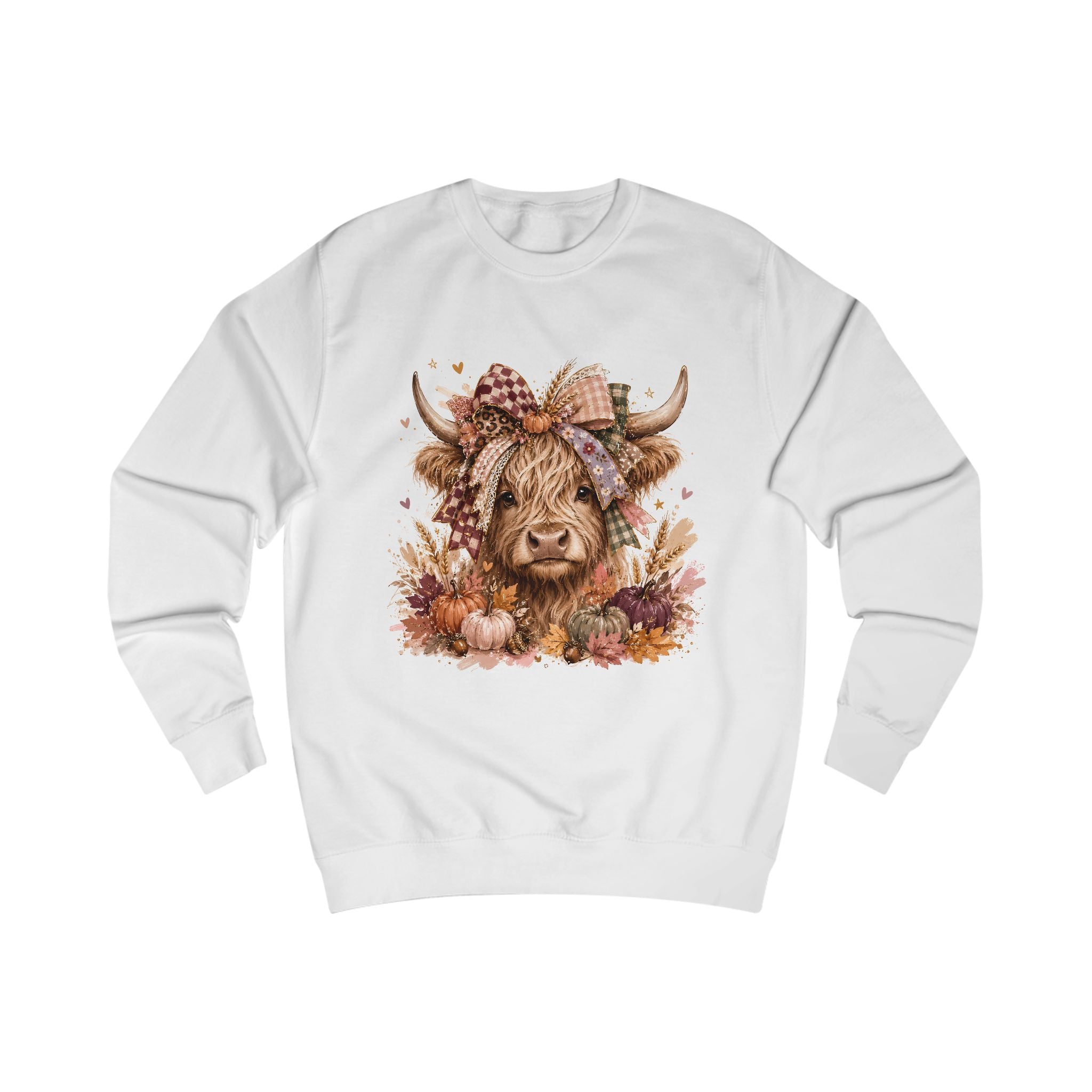 Highland Cow Fall Sweatshirt — Cute Autumn Plaid Scarf & Pumpkins