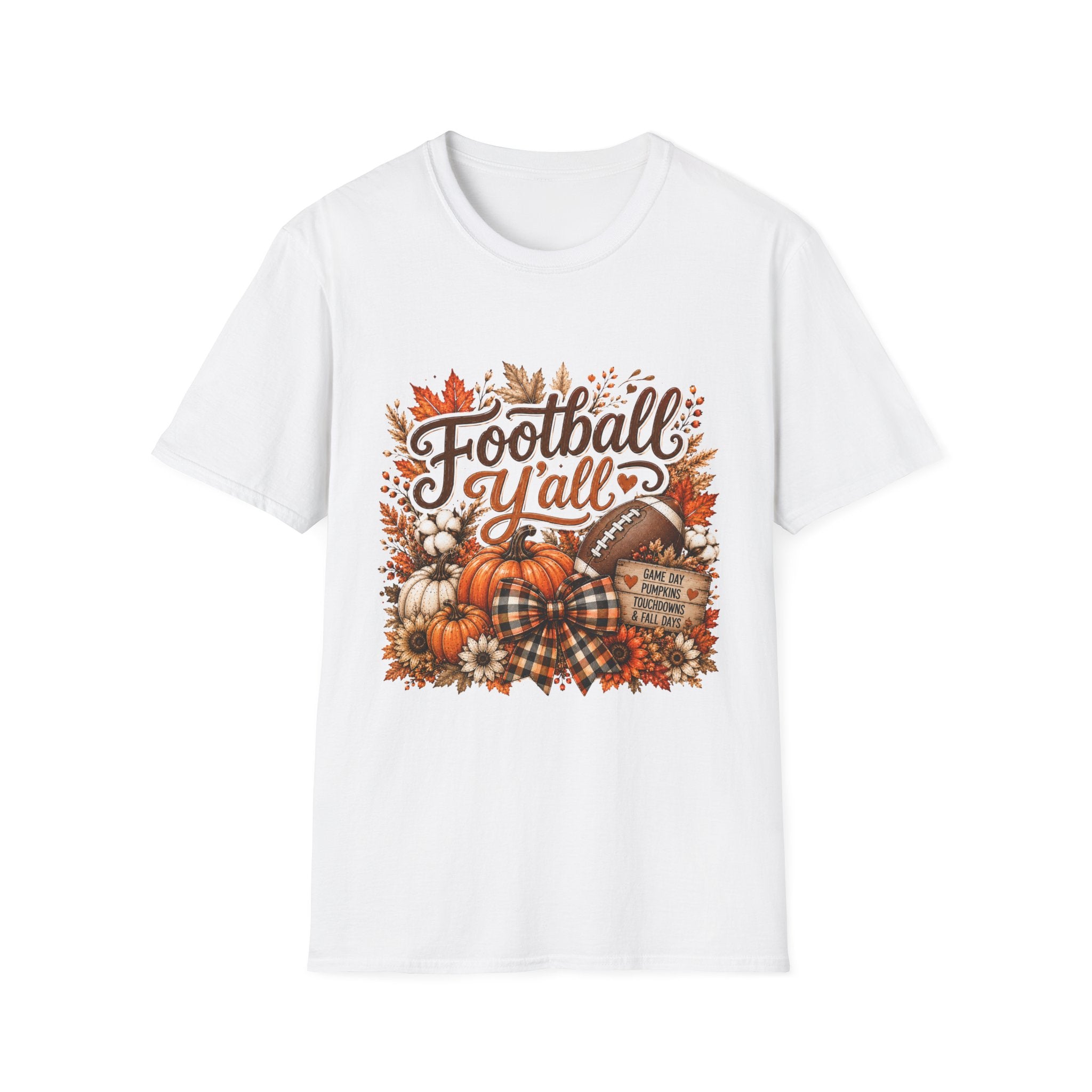 Football Y'all T-Shirt — Fall Pumpkins & Autumn Leaves Game Day Tee
