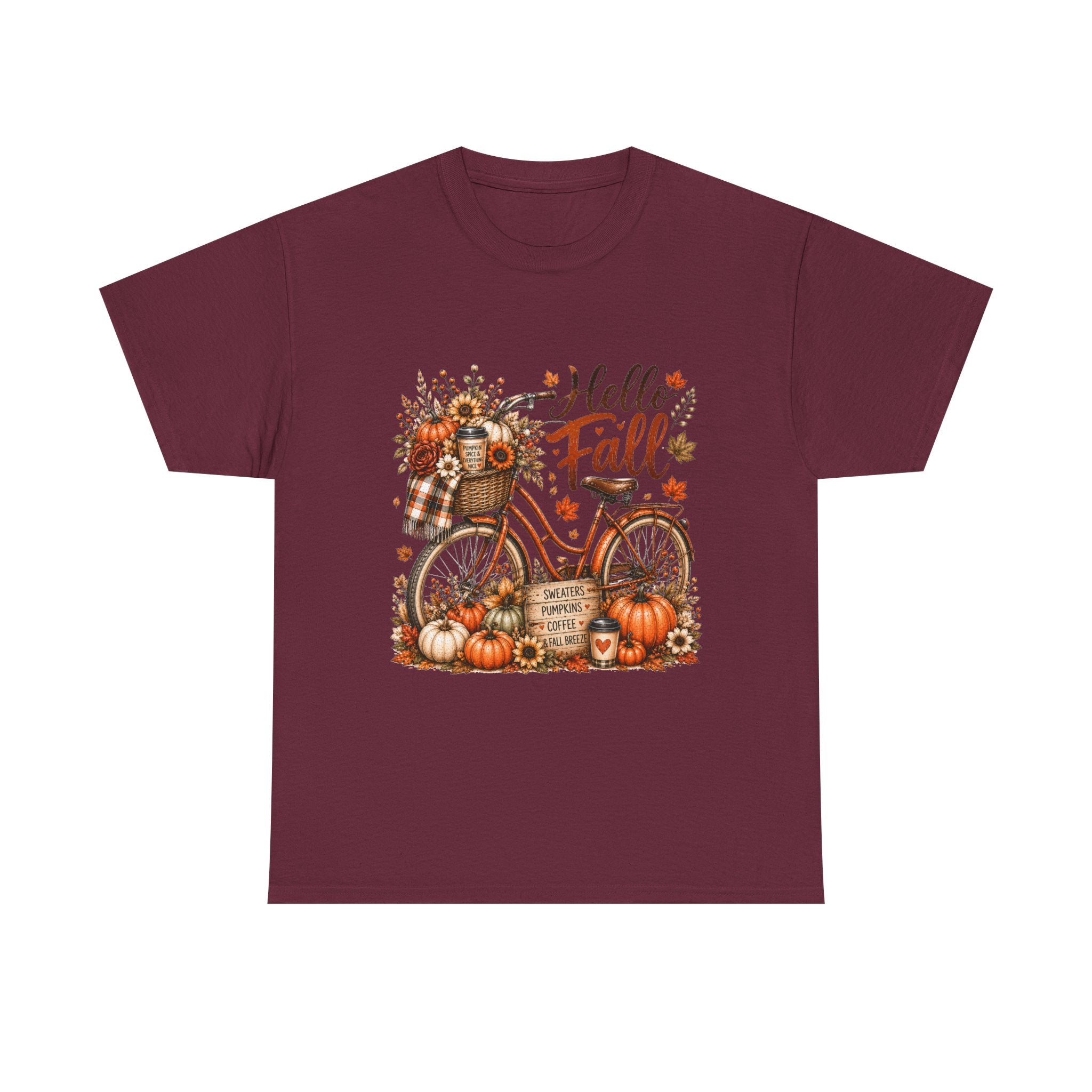 Hello Fall Pumpkin Bicycle Tee — Autumn Harvest Graphic T-Shirt