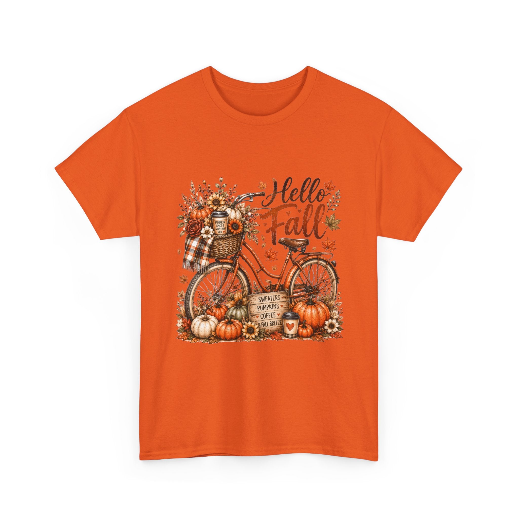 Hello Fall Pumpkin Bicycle Tee — Autumn Harvest Graphic T-Shirt