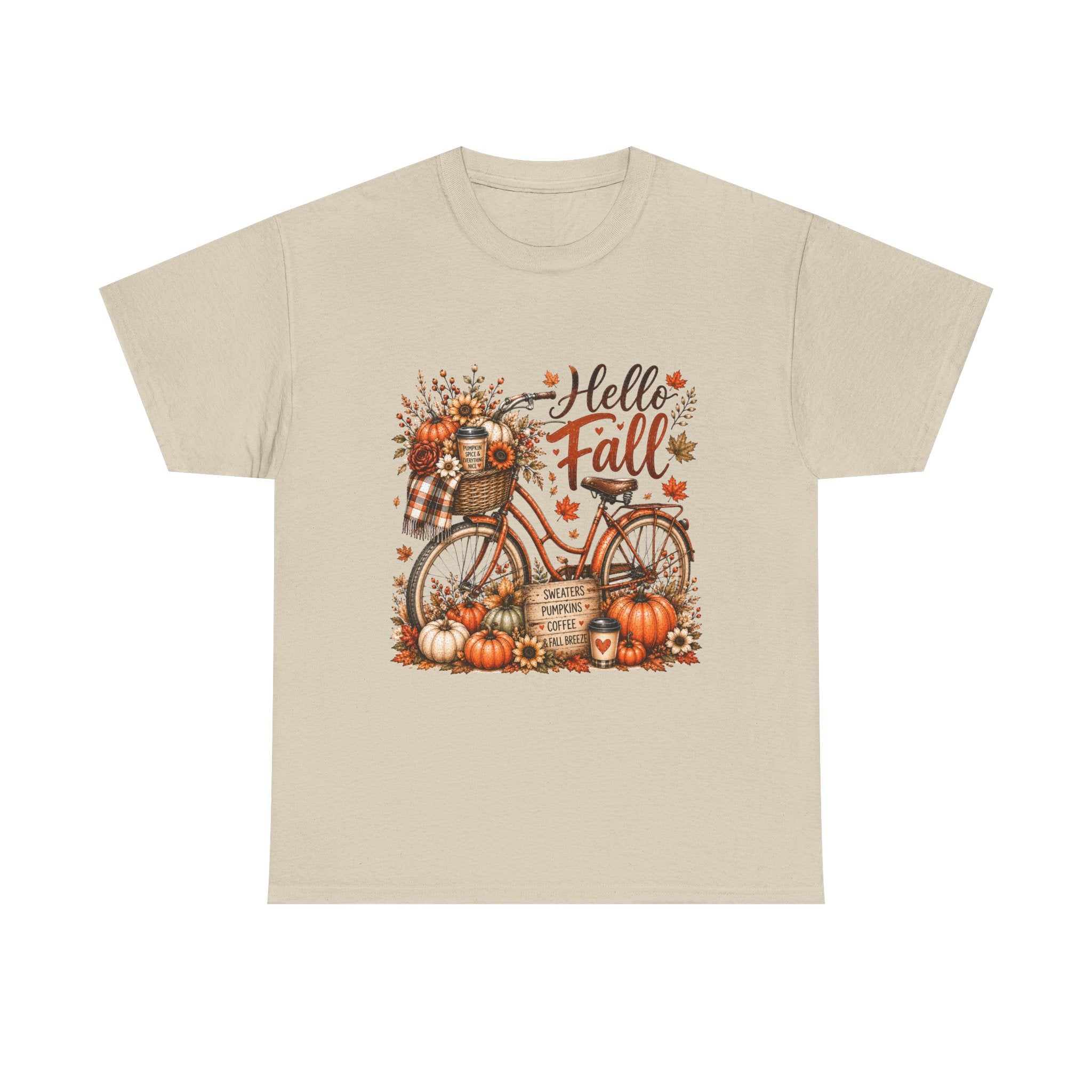 Hello Fall Pumpkin Bicycle Tee — Autumn Harvest Graphic T-Shirt