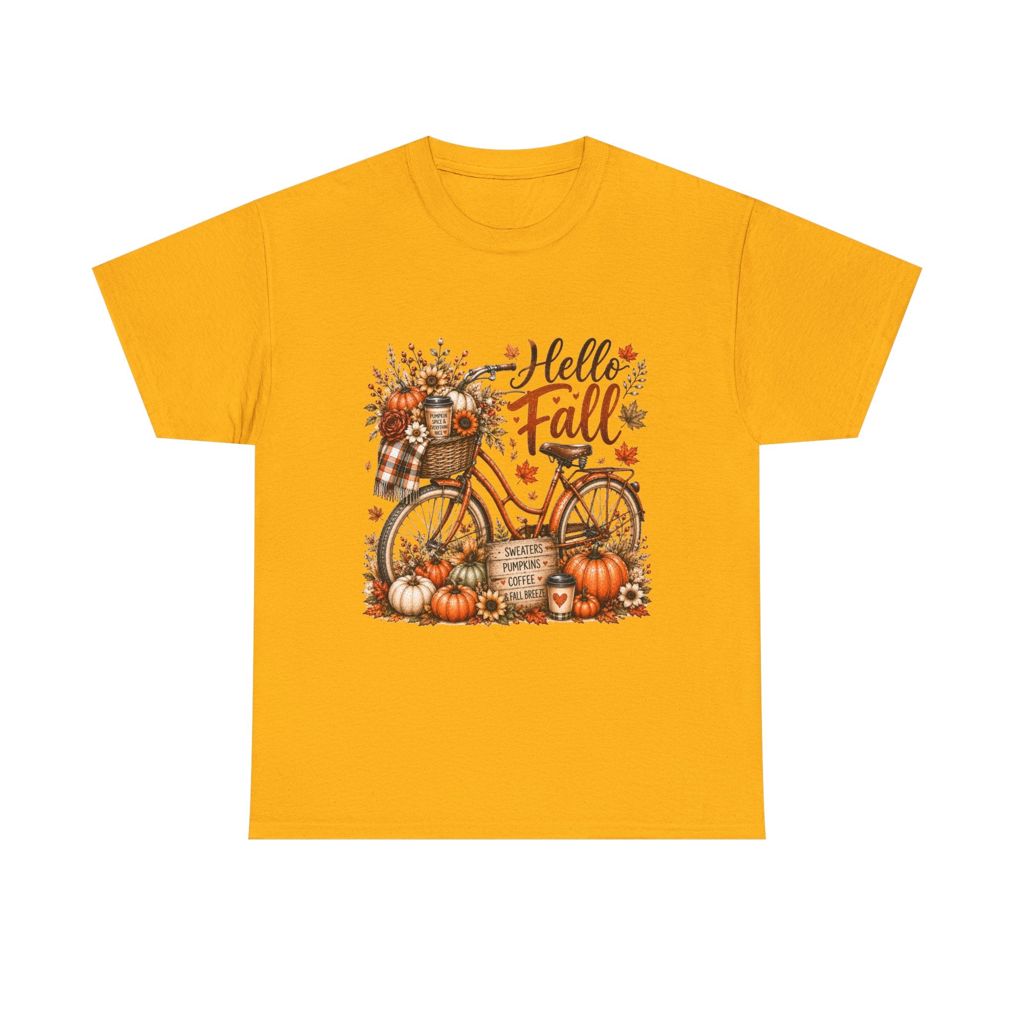 Hello Fall Pumpkin Bicycle Tee — Autumn Harvest Graphic T-Shirt