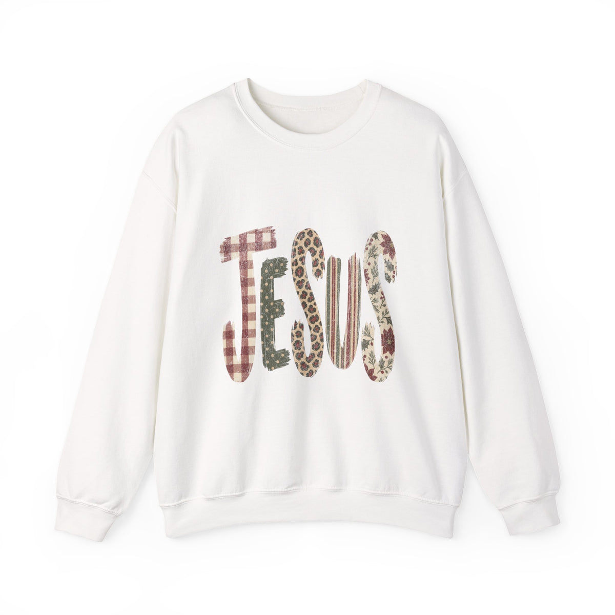Jesus Patterned Crewneck Sweatshirt — Plaid & Leopard Faith Pullover