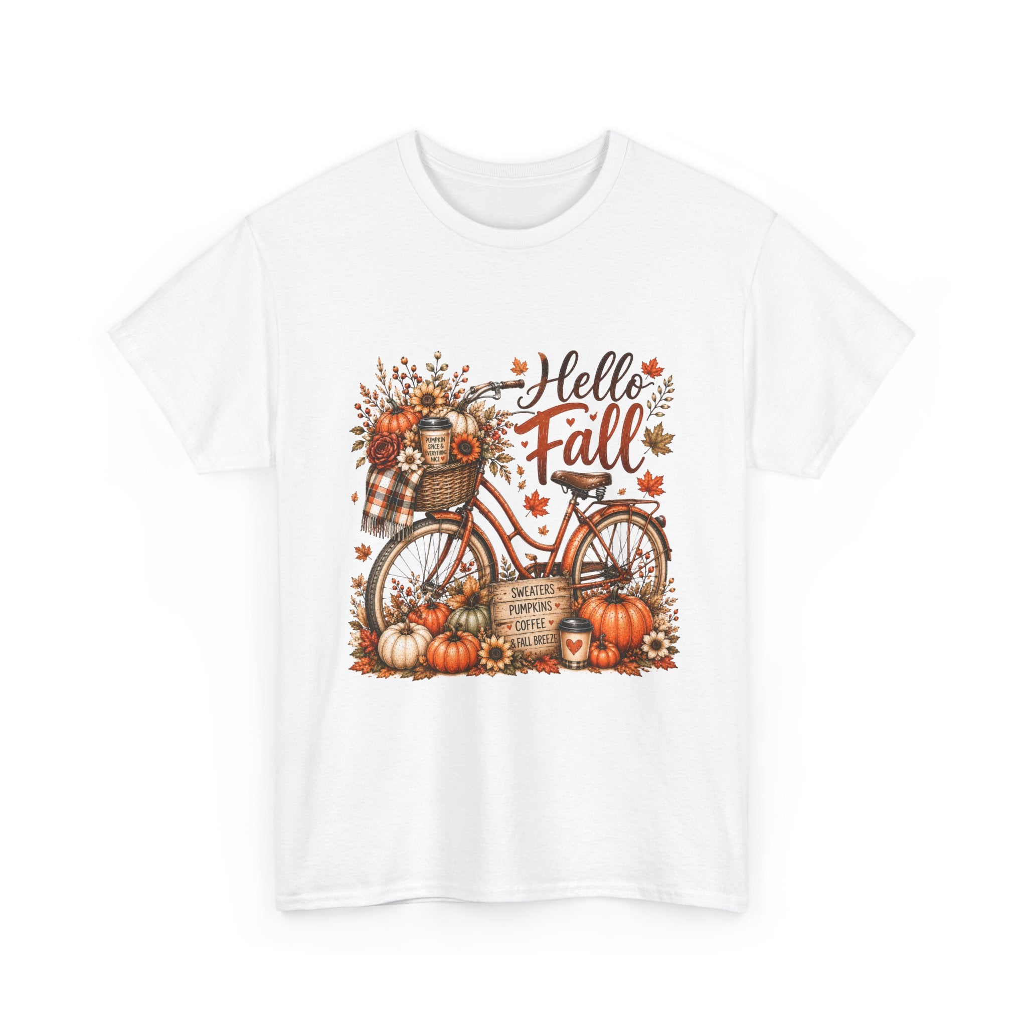 Hello Fall Pumpkin Bicycle Tee — Autumn Harvest Graphic T-Shirt