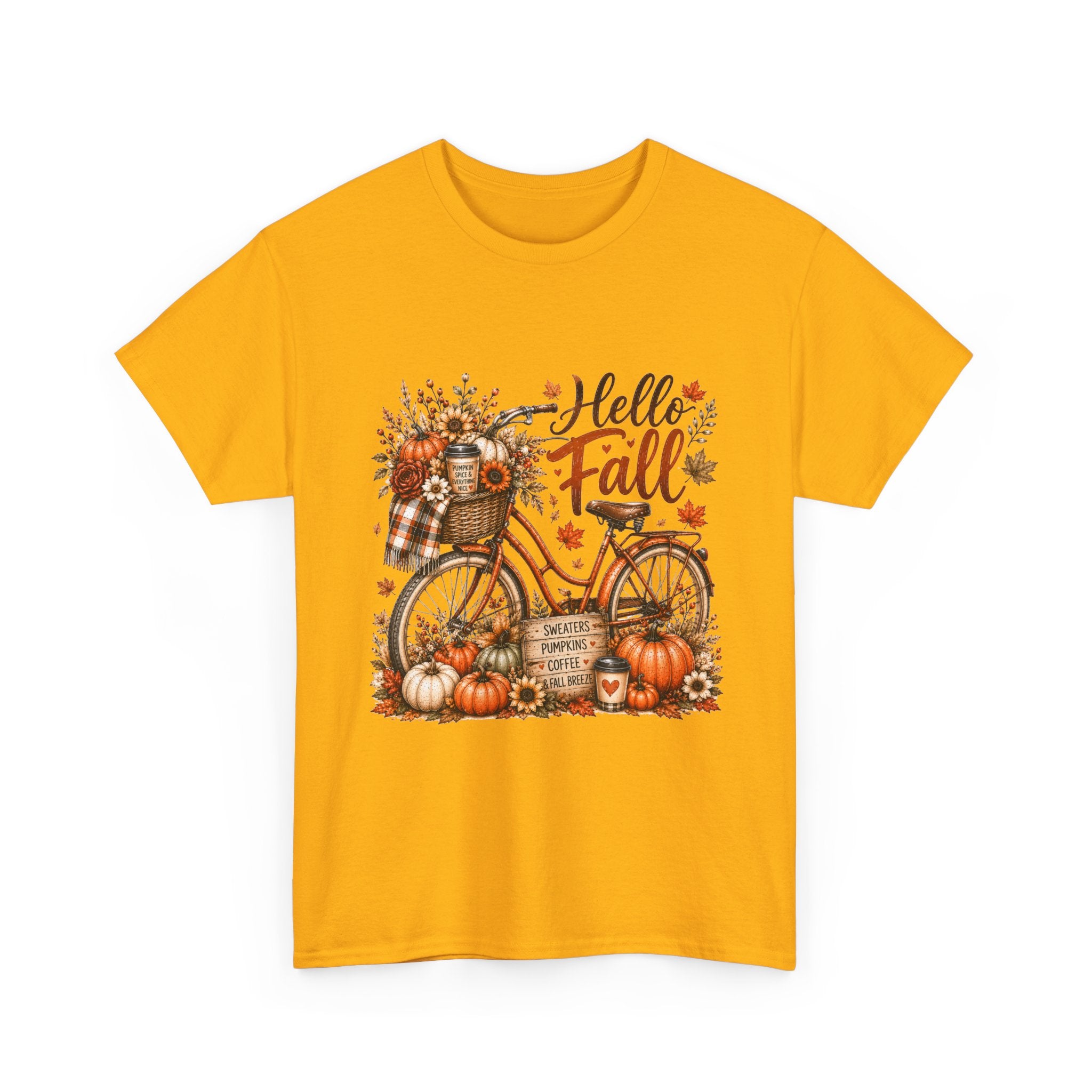 Hello Fall Pumpkin Bicycle Tee — Autumn Harvest Graphic T-Shirt