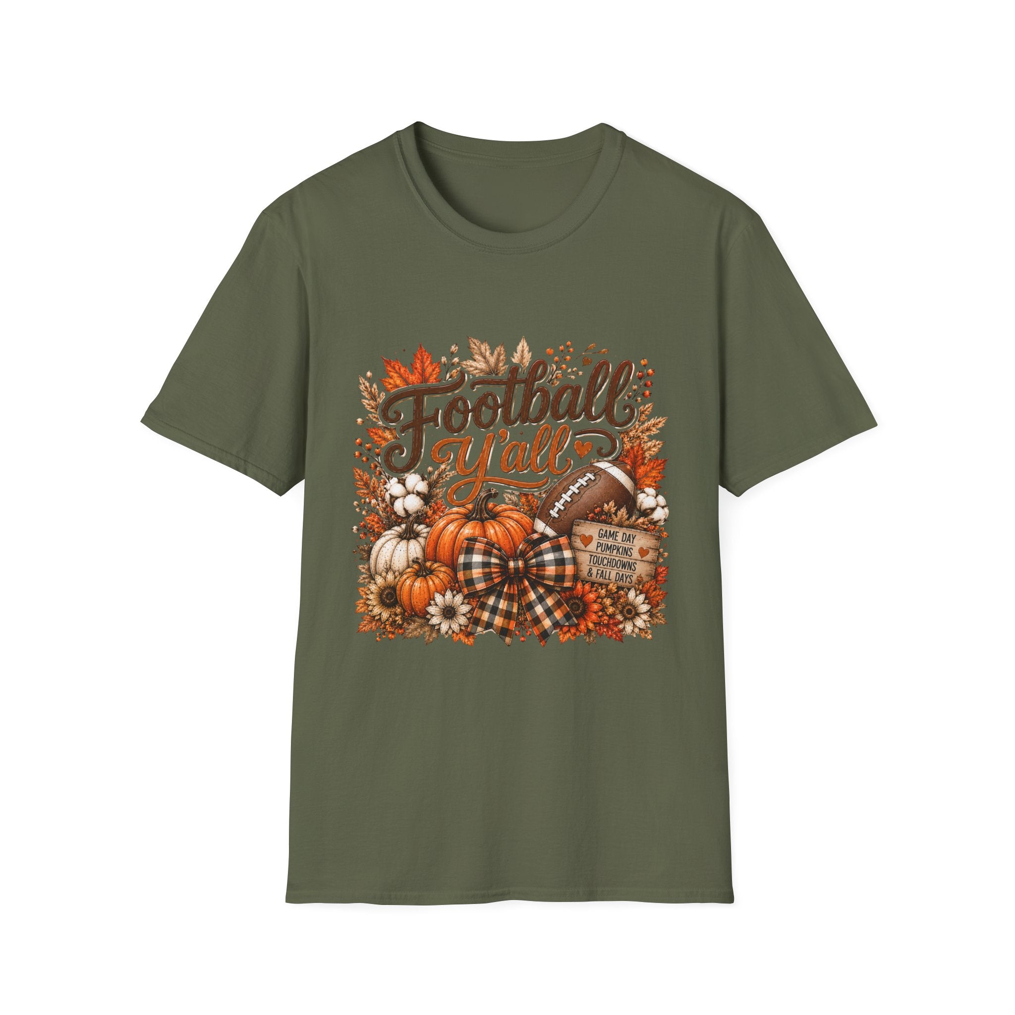 Football Y'all T-Shirt — Fall Pumpkins & Autumn Leaves Game Day Tee