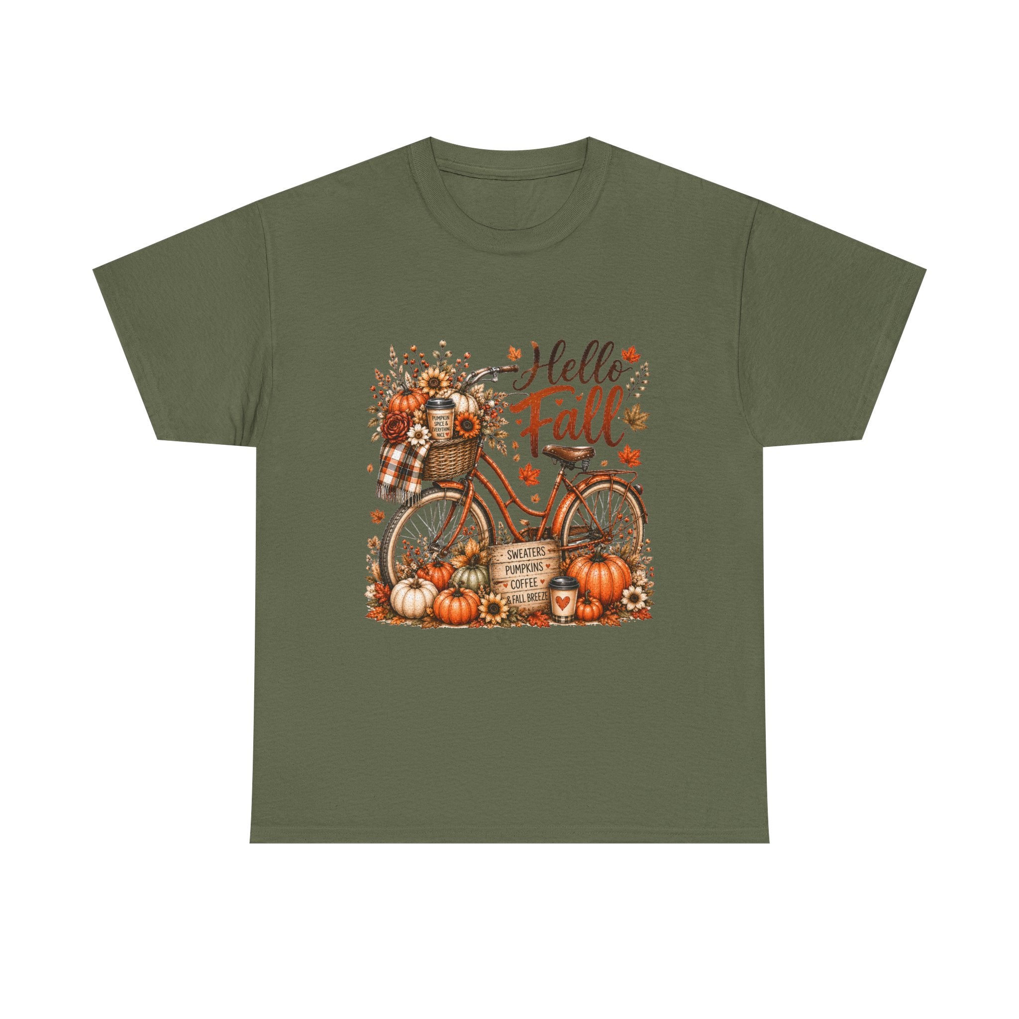 Hello Fall Pumpkin Bicycle Tee — Autumn Harvest Graphic T-Shirt