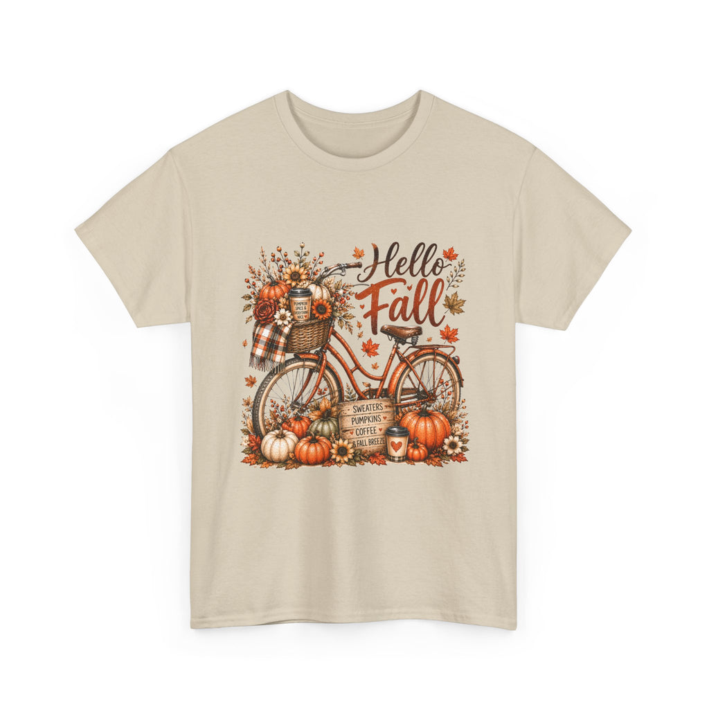 Hello Fall Pumpkin Bicycle Tee — Autumn Harvest Graphic T-Shirt