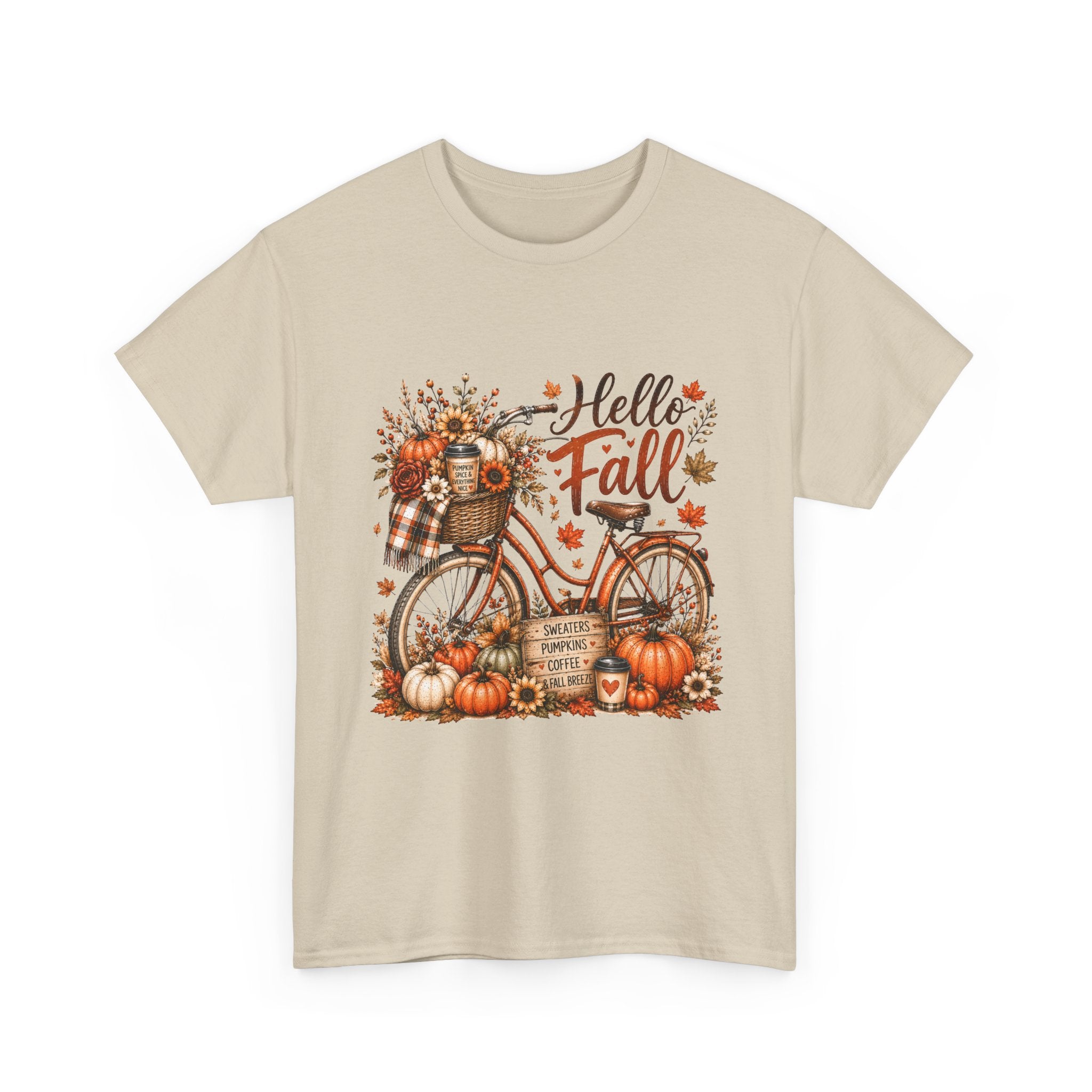 Hello Fall Pumpkin Bicycle Tee — Autumn Harvest Graphic T-Shirt