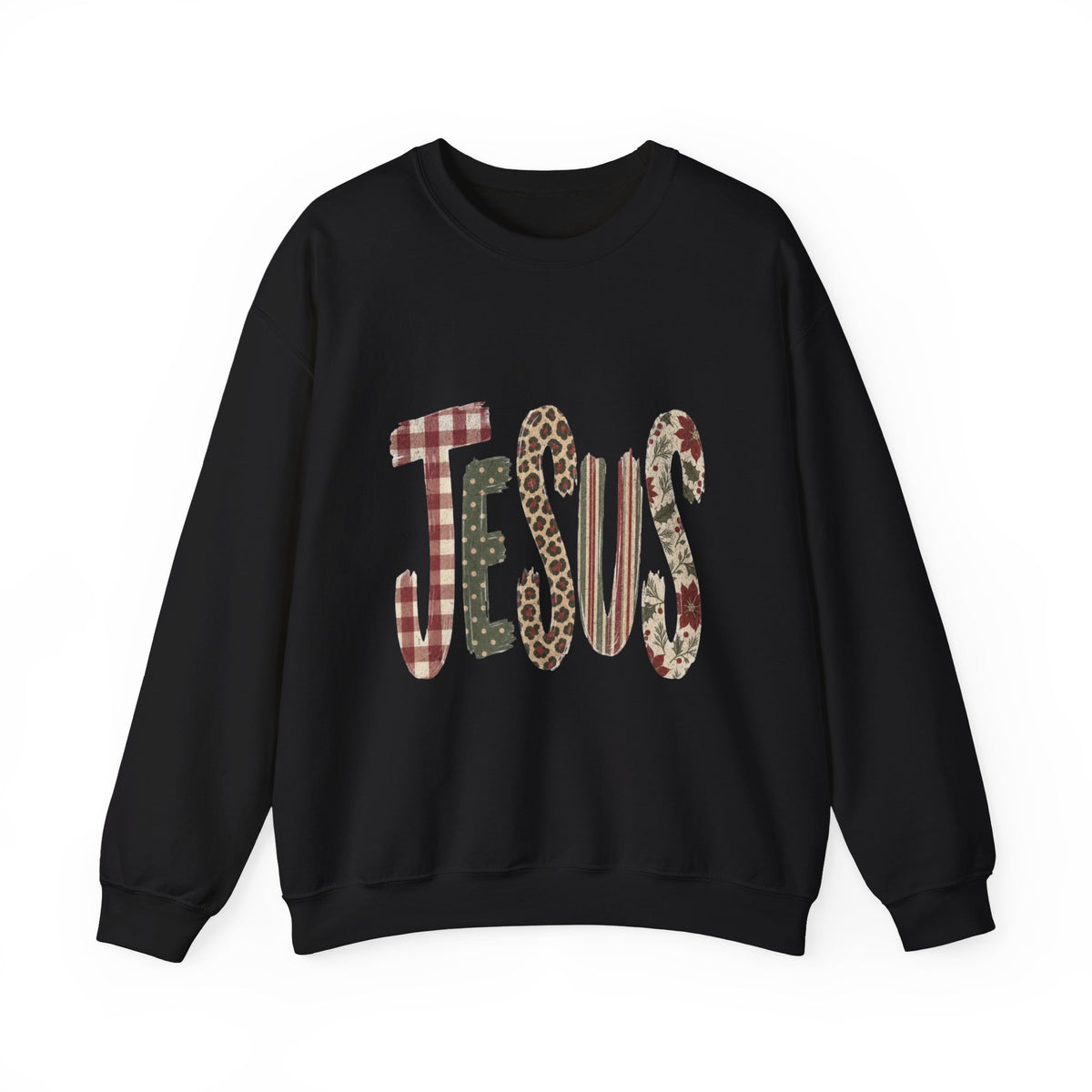 Jesus Patterned Crewneck Sweatshirt — Plaid & Leopard Faith Pullover