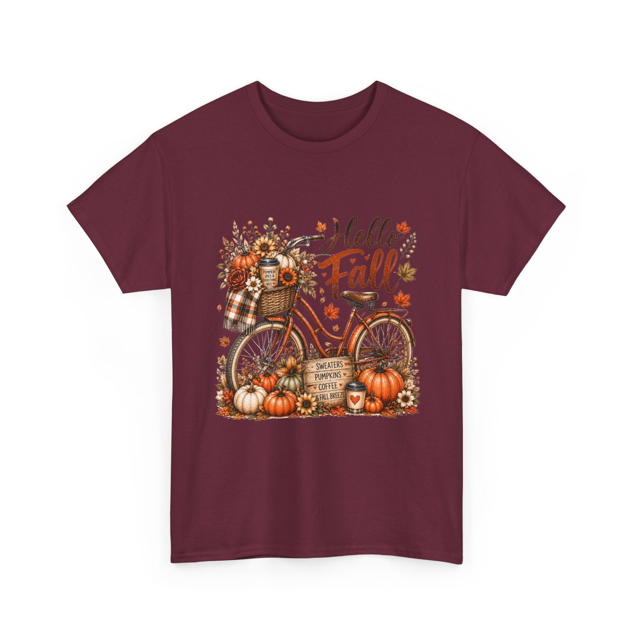 Hello Fall Pumpkin Bicycle Tee — Autumn Harvest Graphic T-Shirt