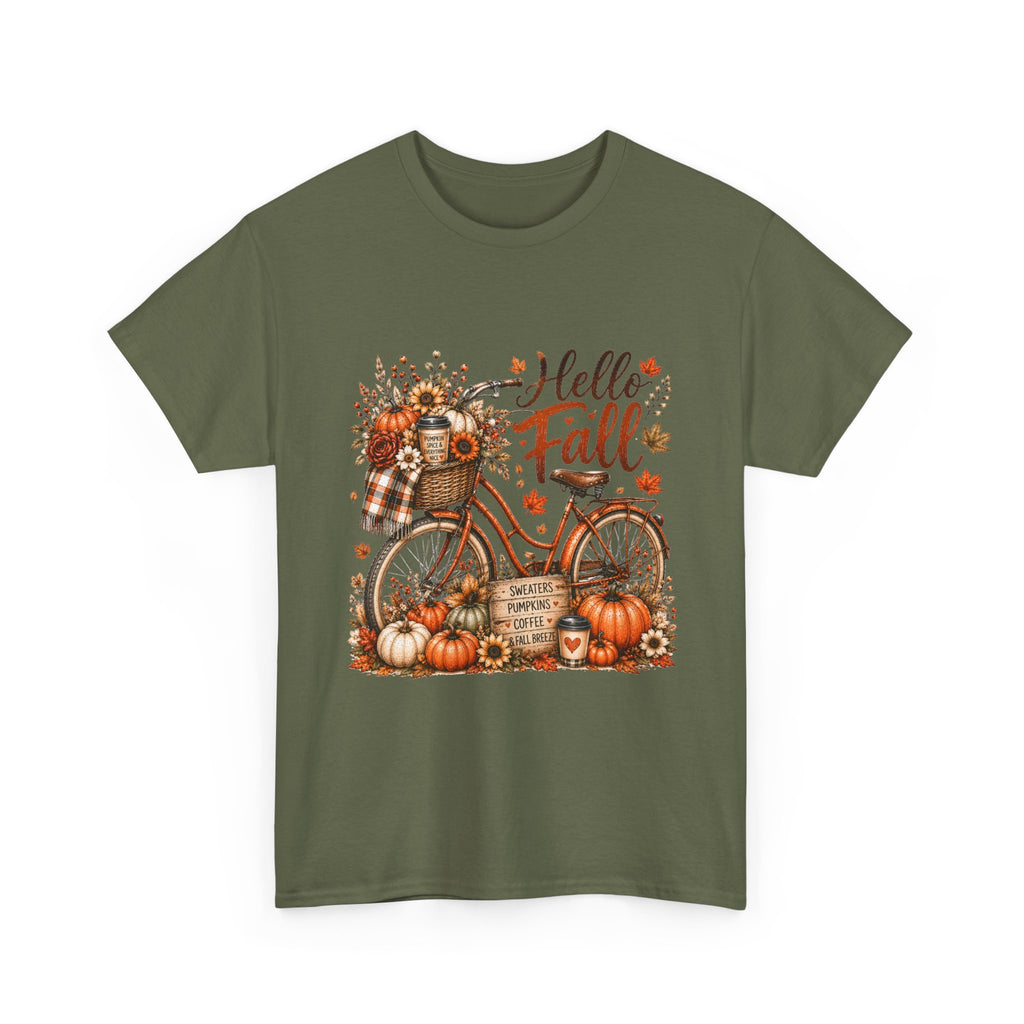 Hello Fall Pumpkin Bicycle Tee — Autumn Harvest Graphic T-Shirt