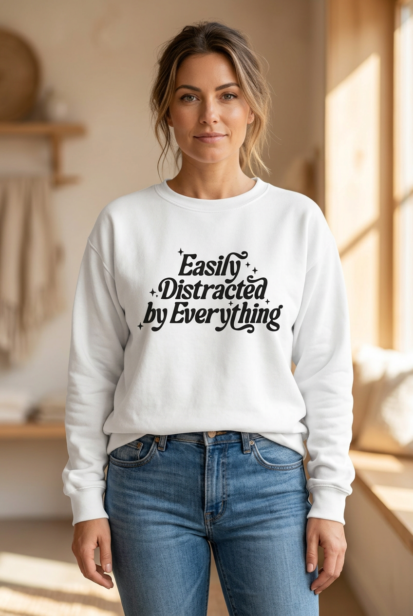Arctic White Easily Distracted sweatshirt on a woman