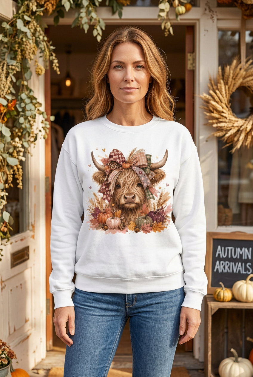 Arctic White Highland Cow sweatshirt on a woman