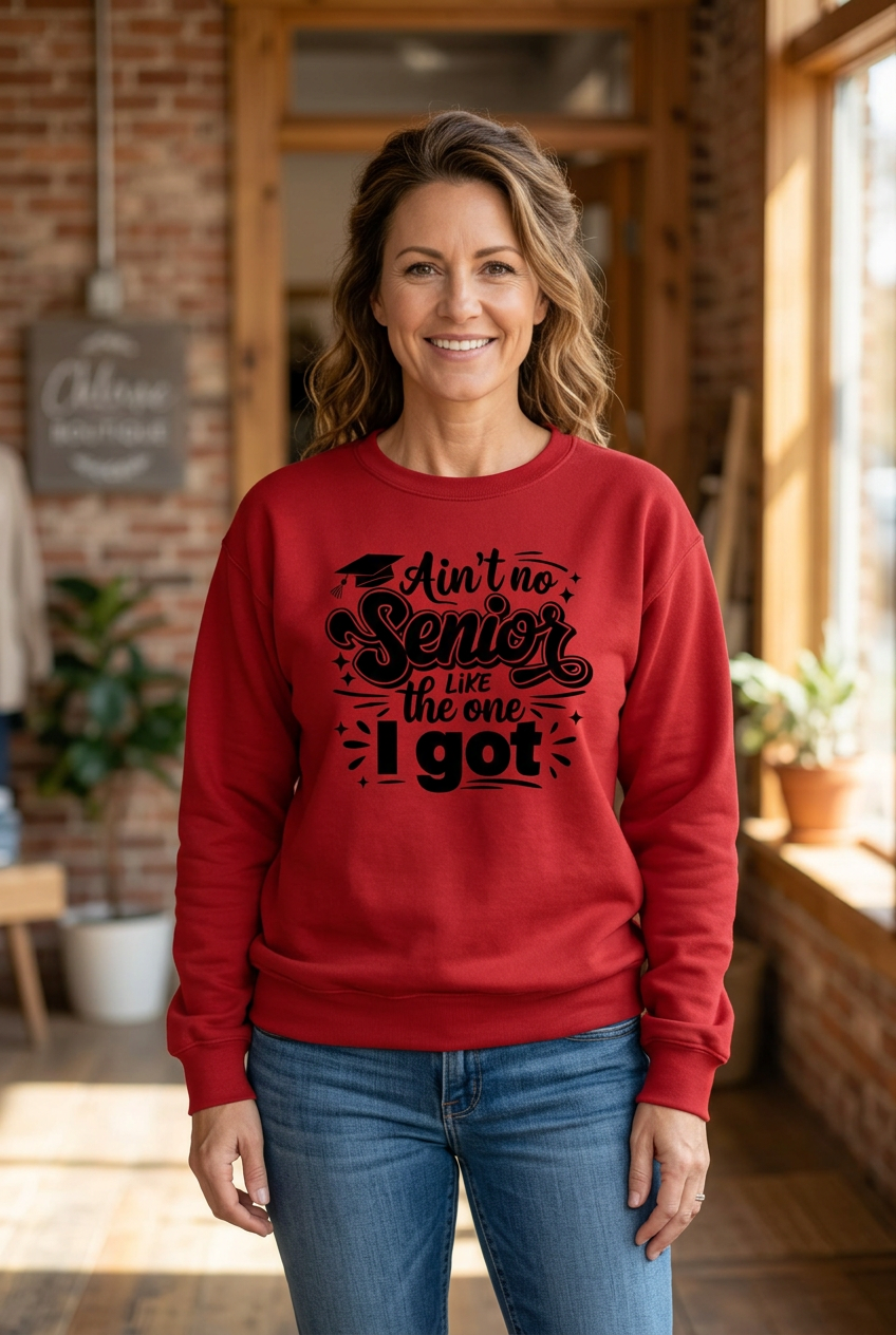 Athletic Red Senior Squad sweatshirt on a woman