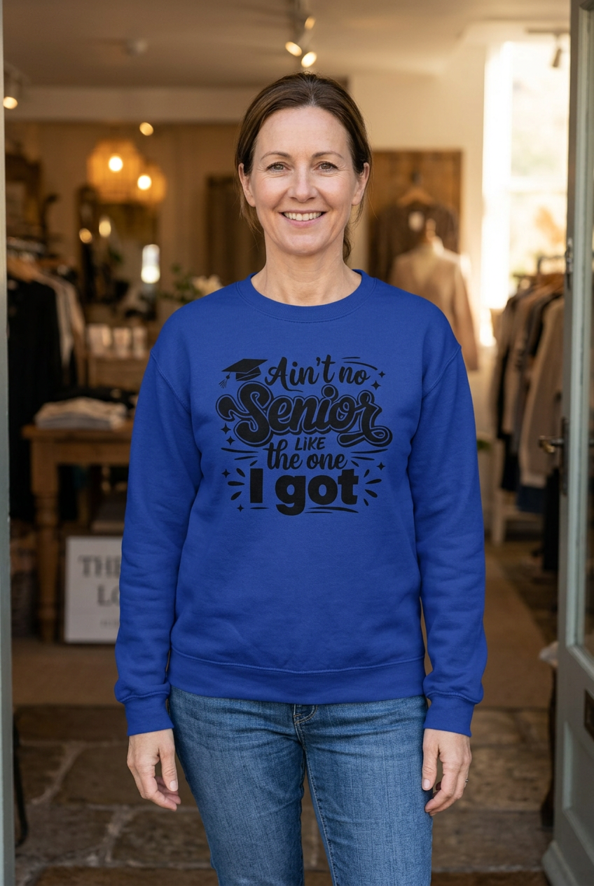 Deep Royal Senior Squad sweatshirt on a woman