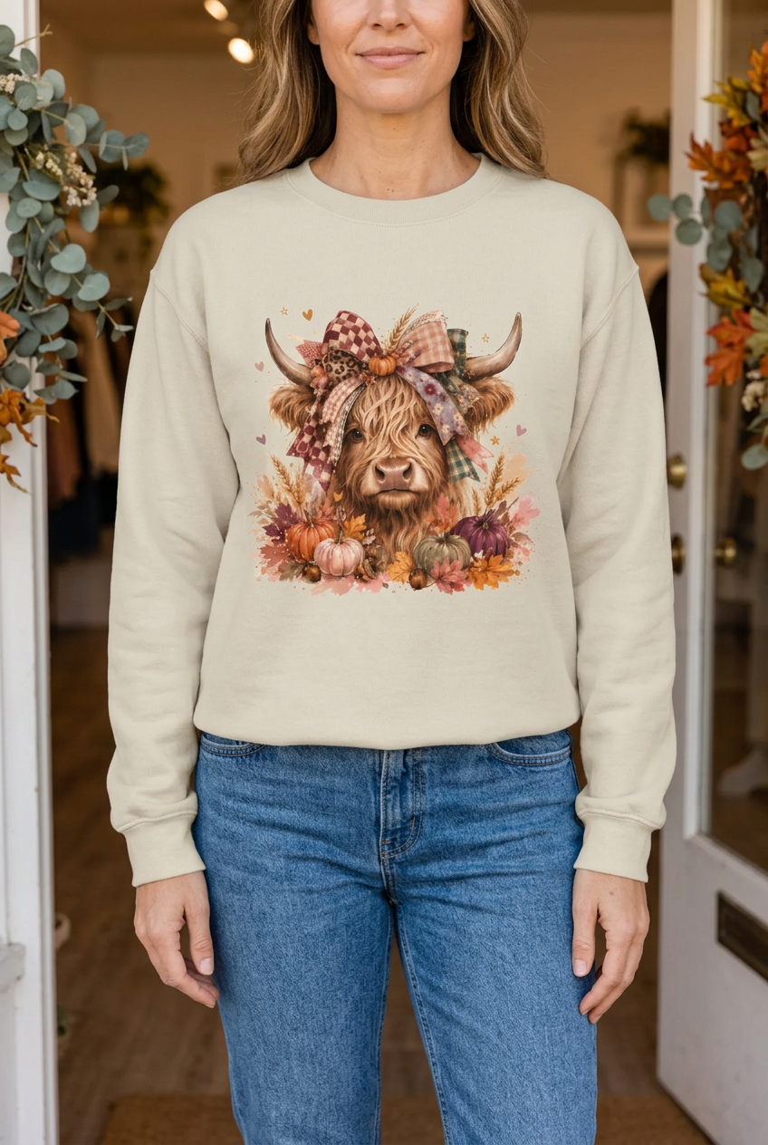 Desert Sand Highland Cow sweatshirt on a woman