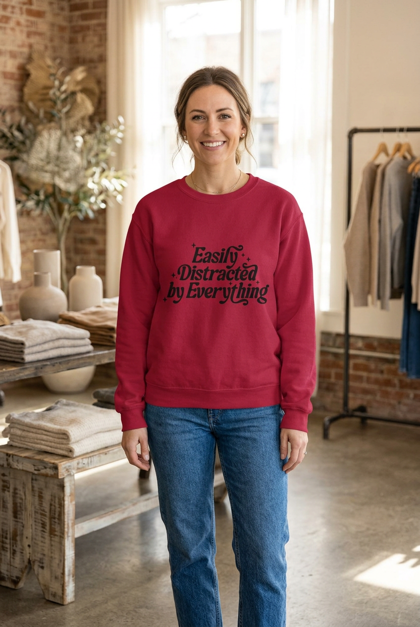Fire Red Easily Distracted sweatshirt on a woman