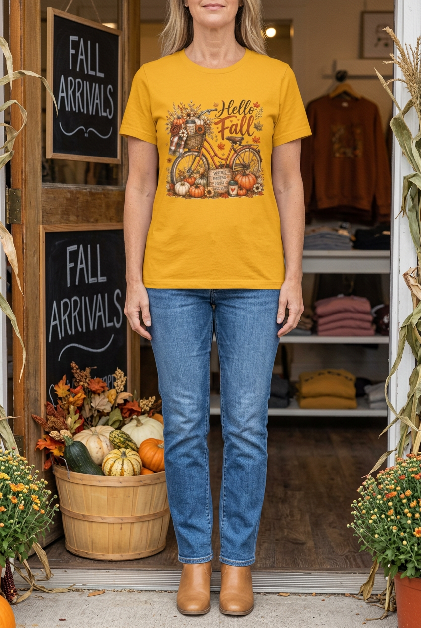 Gold Hello Fall tee on a woman