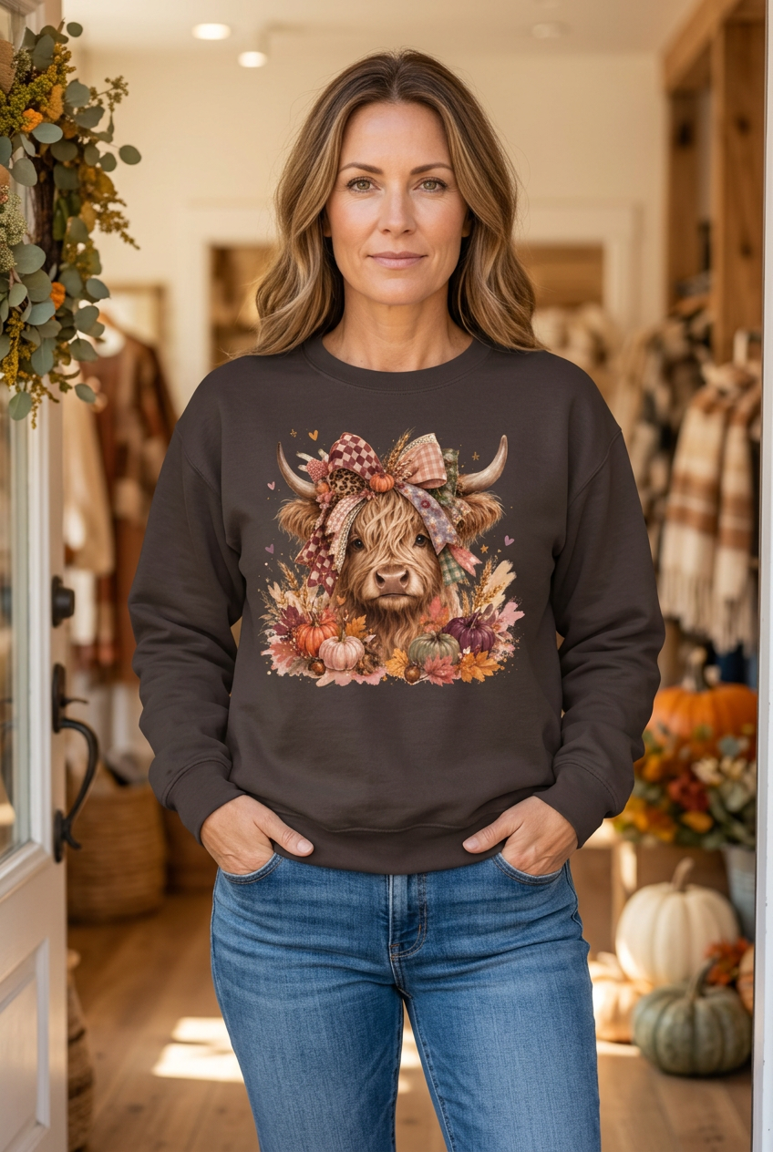 Hot Chocolate Highland Cow sweatshirt on a woman