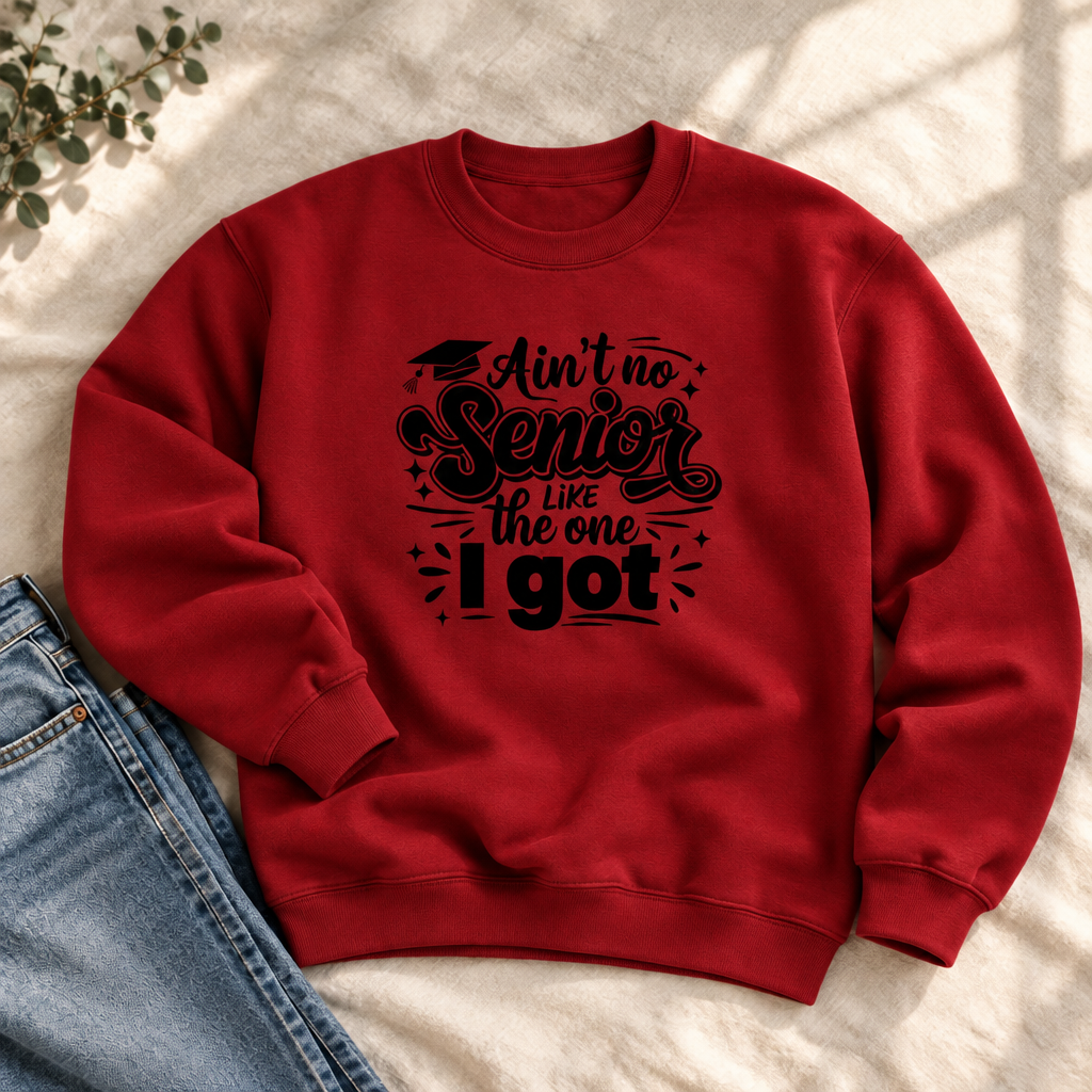 Boutique-style mockup of the Athletic Red Senior Squad graduation crewneck