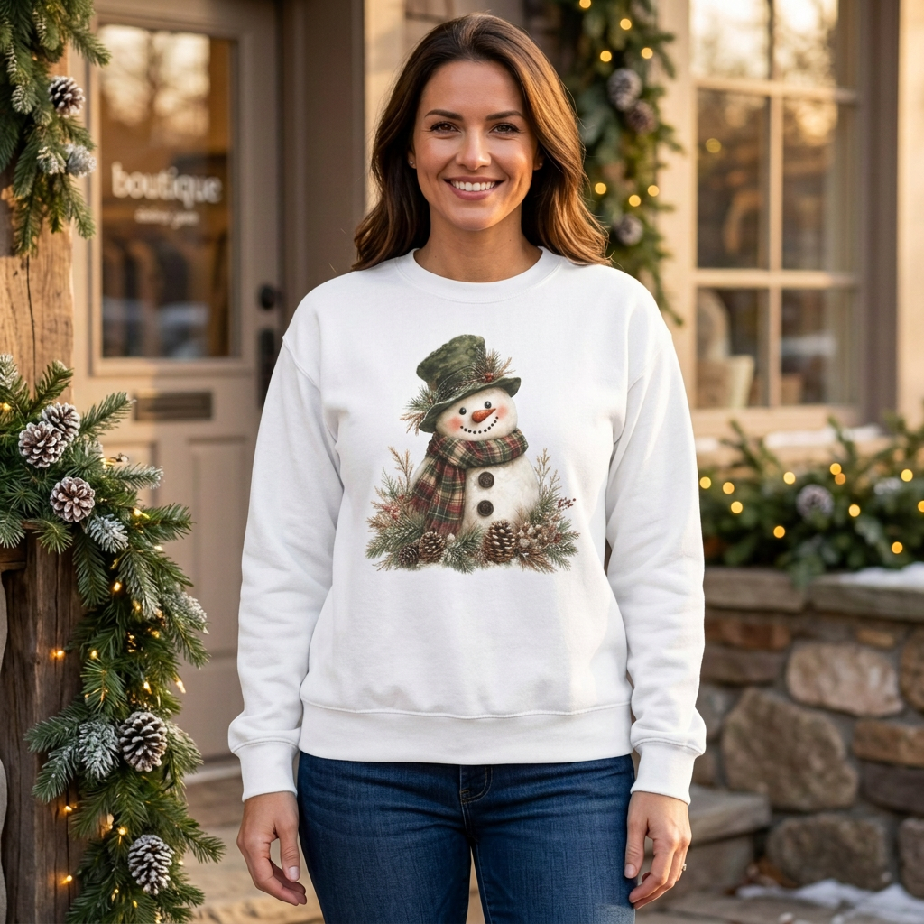 Woman wearing the white Snowman sweatshirt