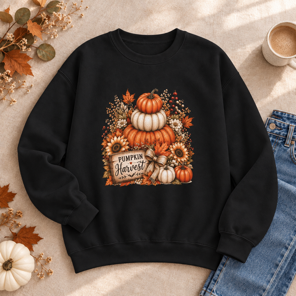 Boutique-style mockup of the Black Pumpkin Harvest crewneck sweatshirt