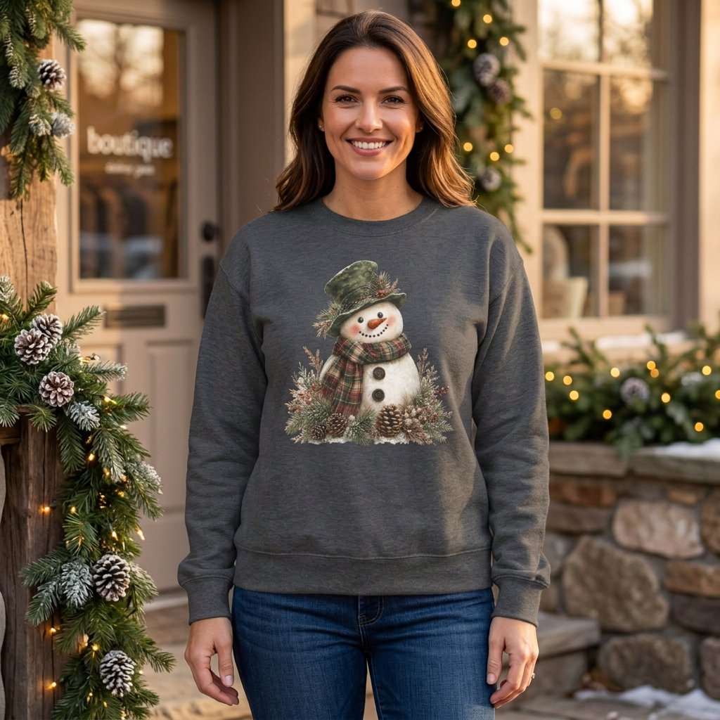 Woman wearing the Dark Heather Snowman sweatshirt