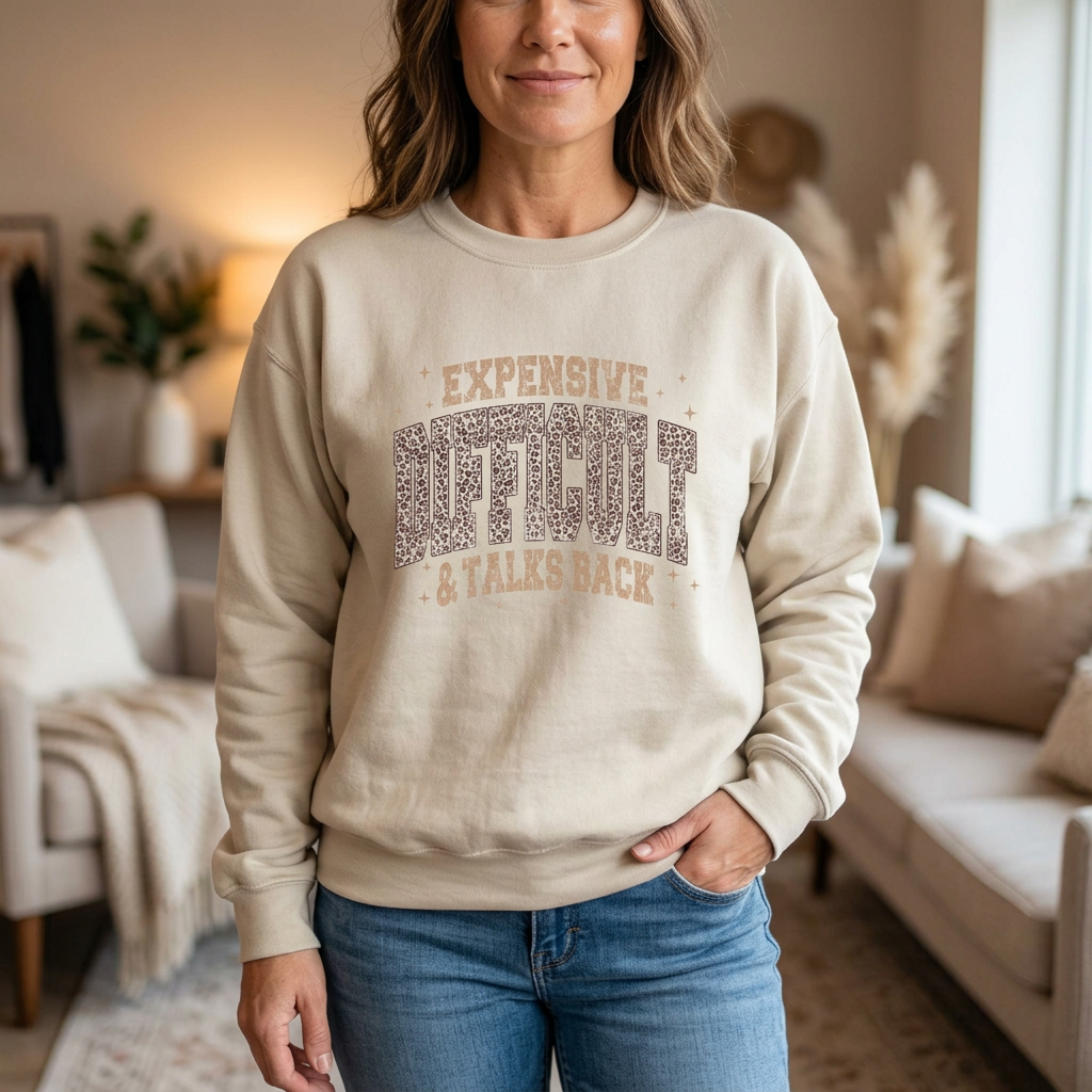 Woman wearing the sand Leopard Luxe Expensive and Difficult sweatshirt