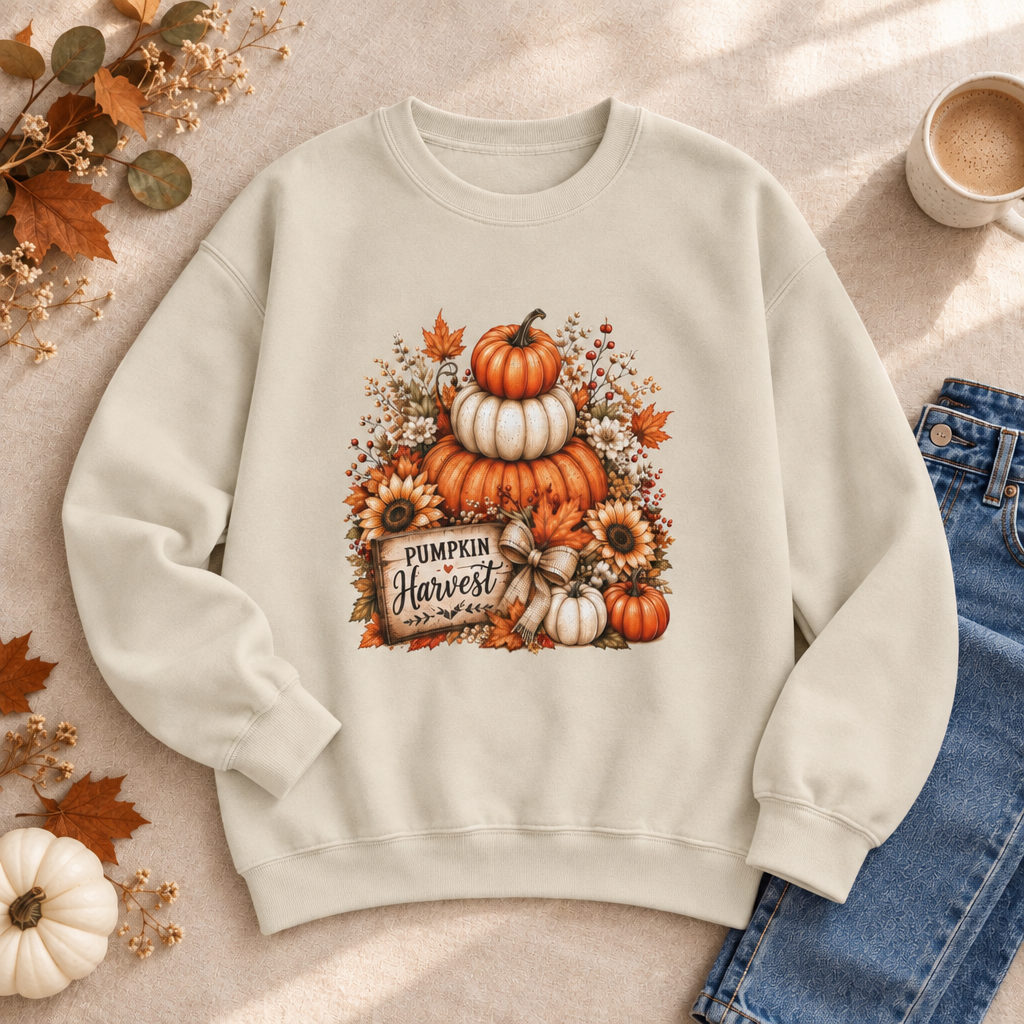 Boutique-style mockup of the Sand Pumpkin Harvest crewneck sweatshirt