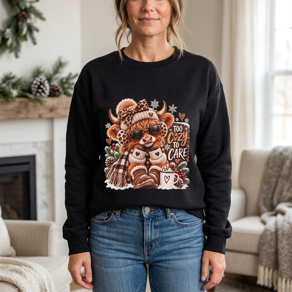 Black cozy Highland Cow sweatshirt worn by a woman