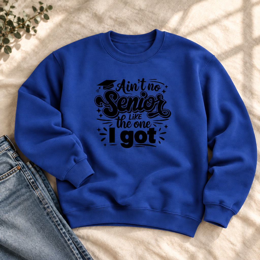 Boutique-style mockup of the Deep Royal Senior Squad graduation crewneck