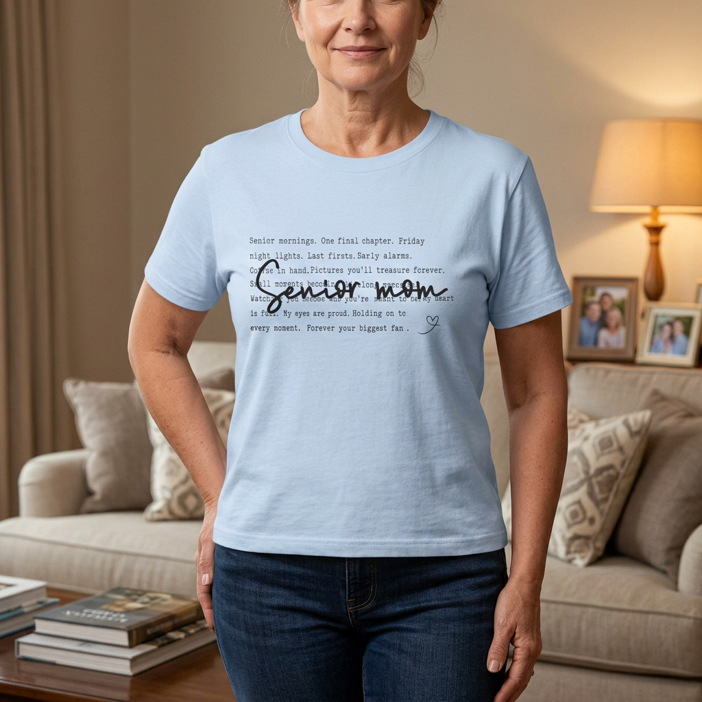 Woman wearing the light blue sentimental Senior Mom T-shirt