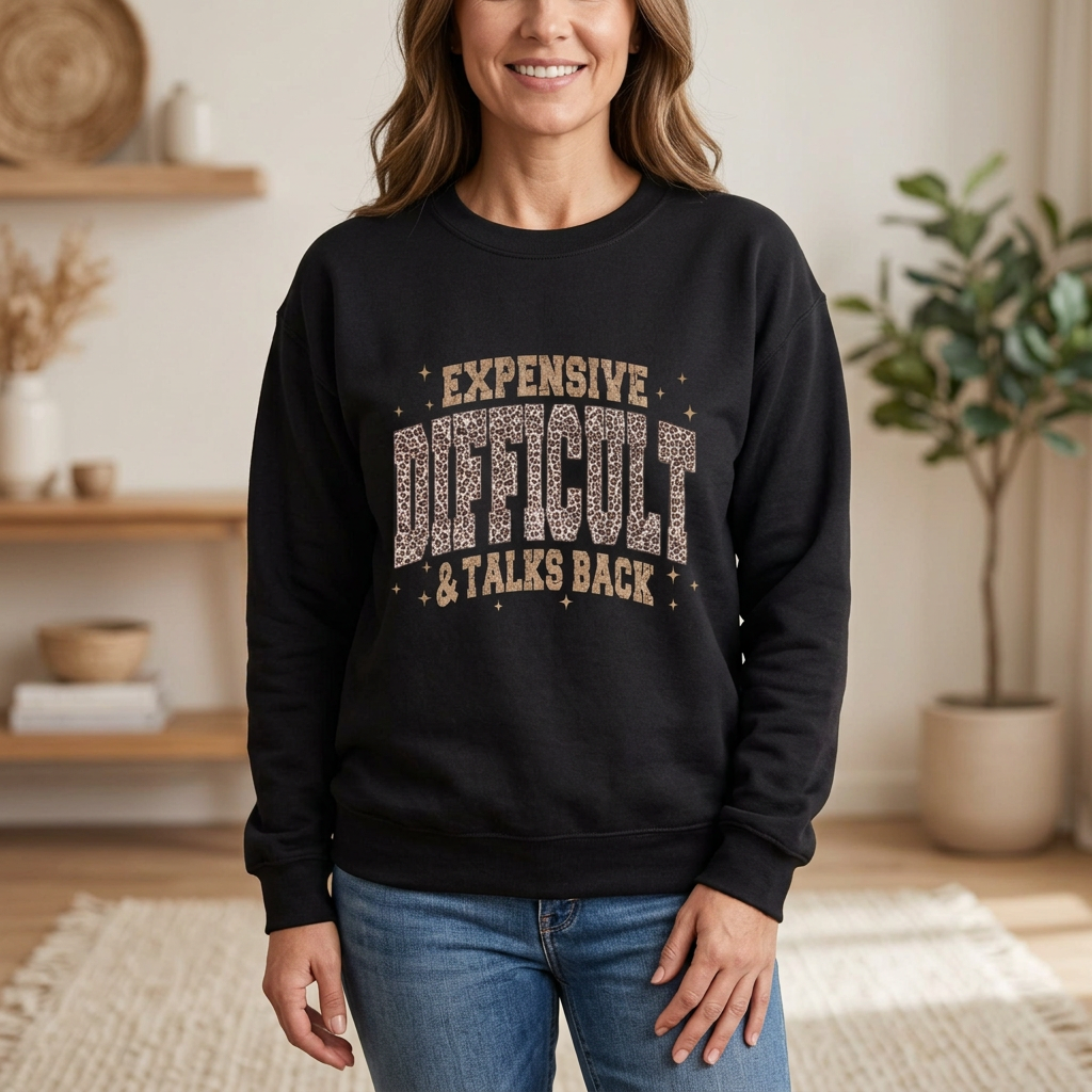 Woman wearing the black Leopard Luxe Expensive and Difficult sweatshirt