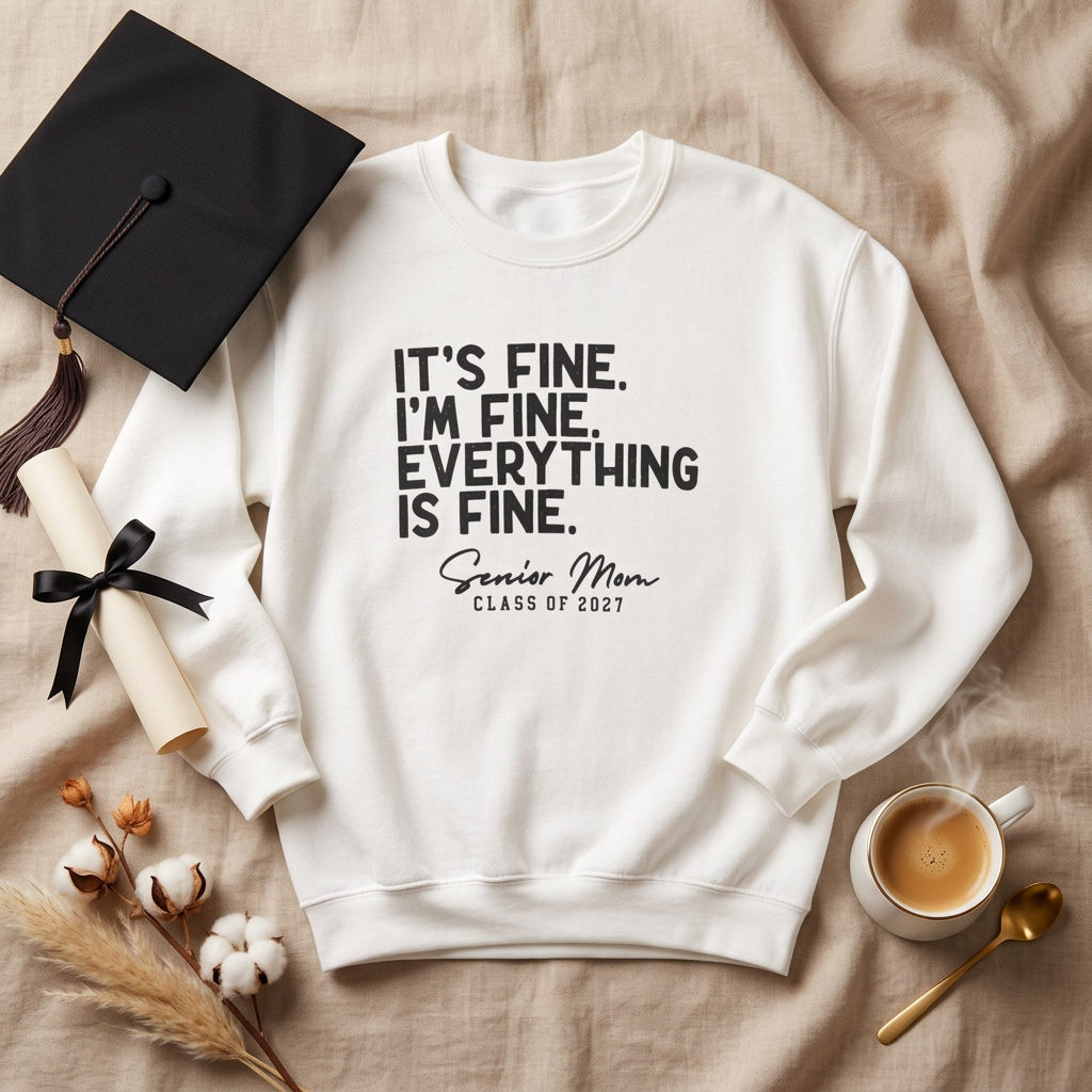 White Senior Mom Class of 2027 crewneck sweatshirt styled in a flat lay with a graduation cap and diploma