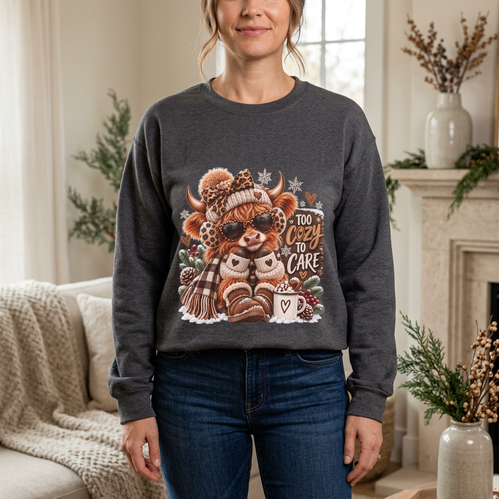Charcoal cozy Highland Cow sweatshirt worn by a woman