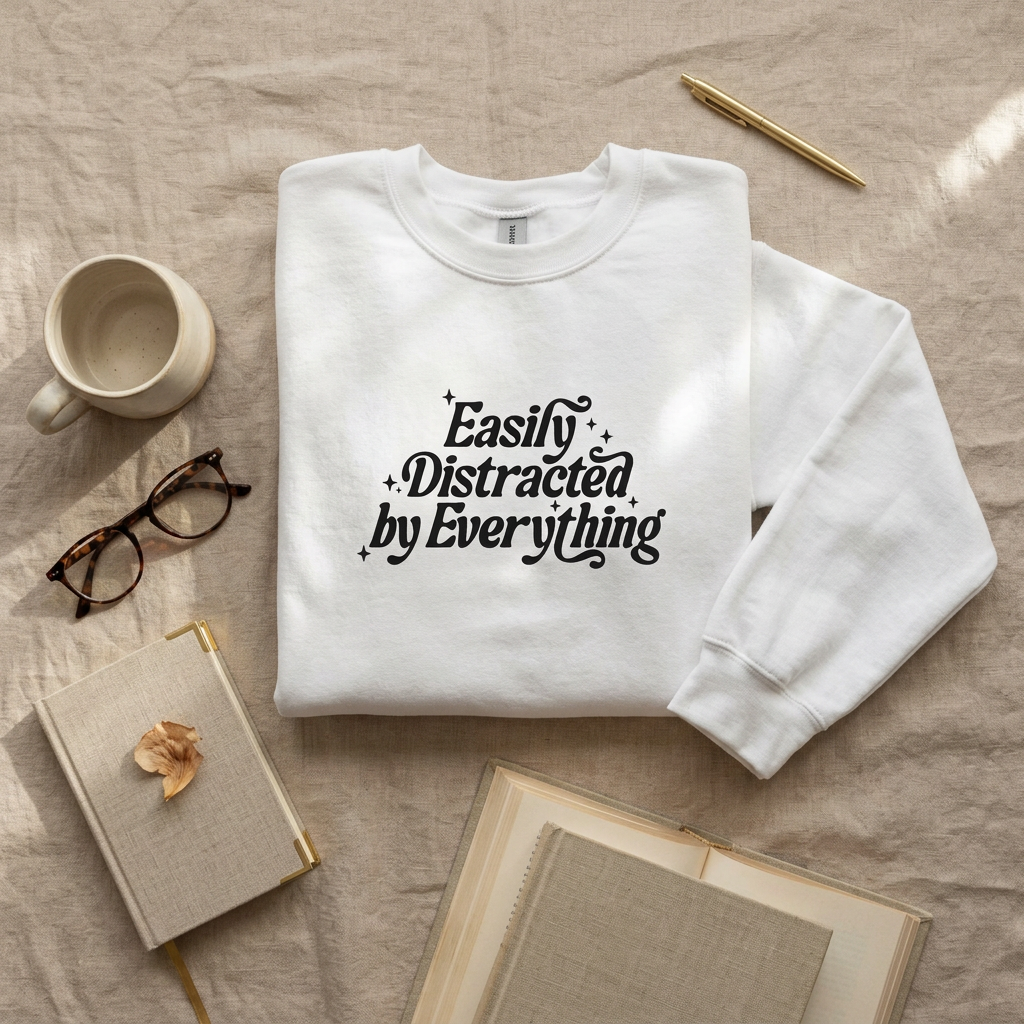 White Easily Distracted by Everything sweatshirt styled in a flat lay with a coffee cup, book, and glasses