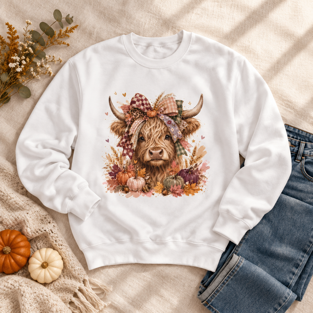Boutique-style mockup of the white Highland Cow Fall crewneck sweatshirt