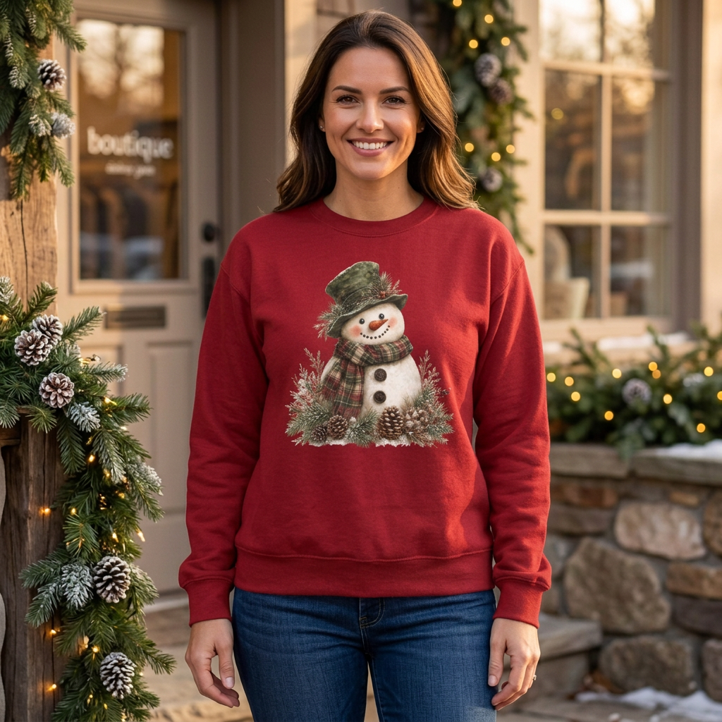Woman wearing the red Snowman sweatshirt