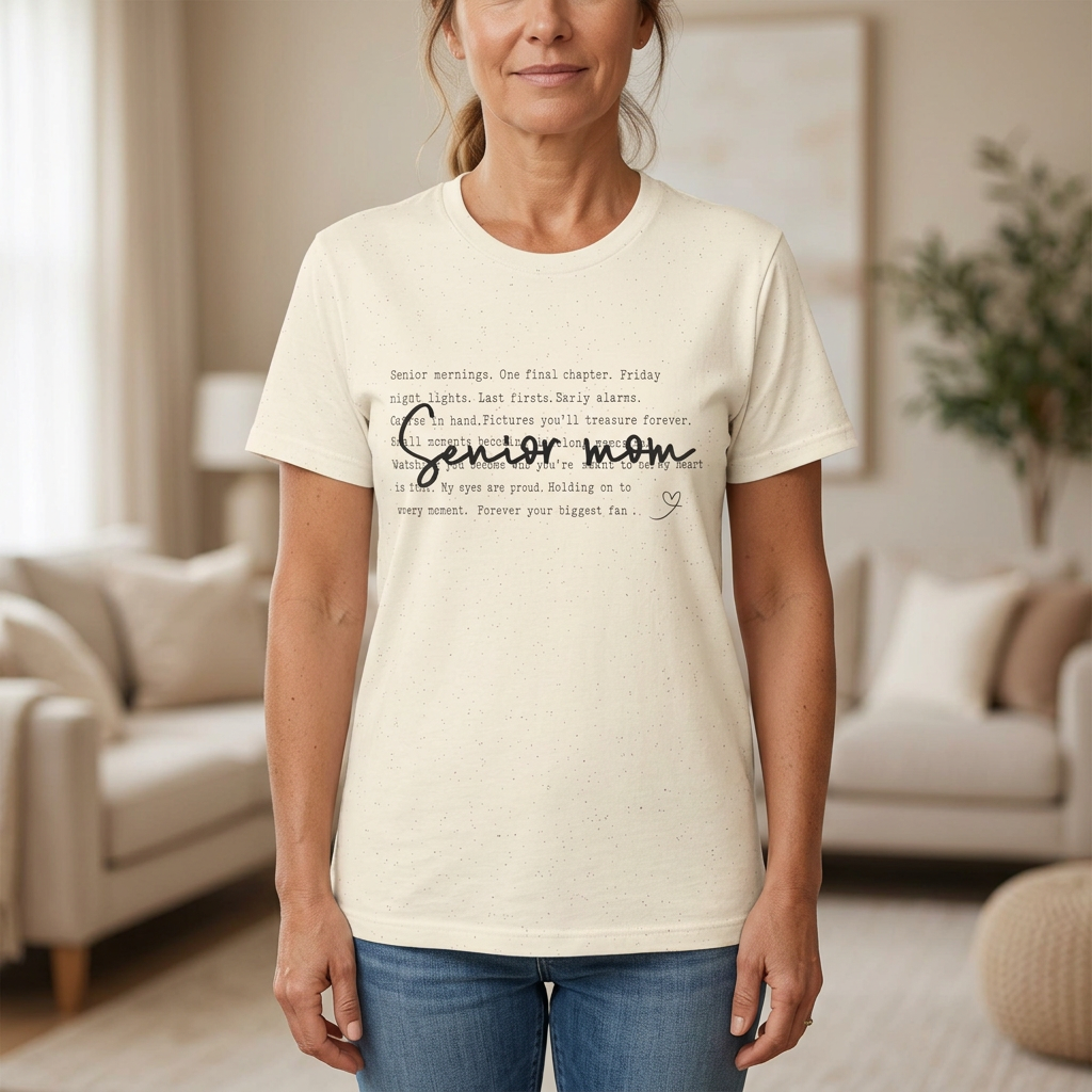 Woman wearing the natural cream sentimental Senior Mom T-shirt