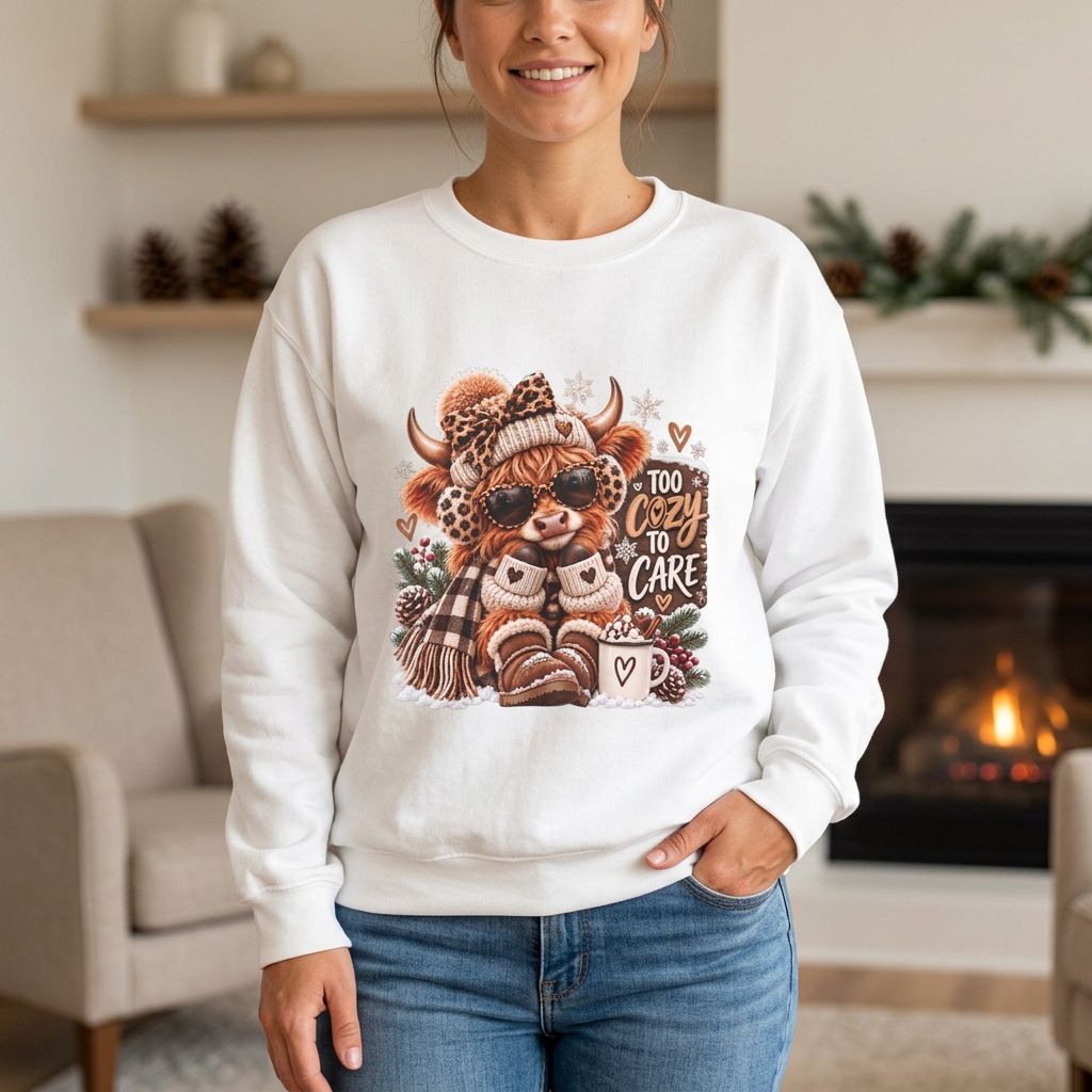 White cozy Highland Cow sweatshirt worn by a woman
