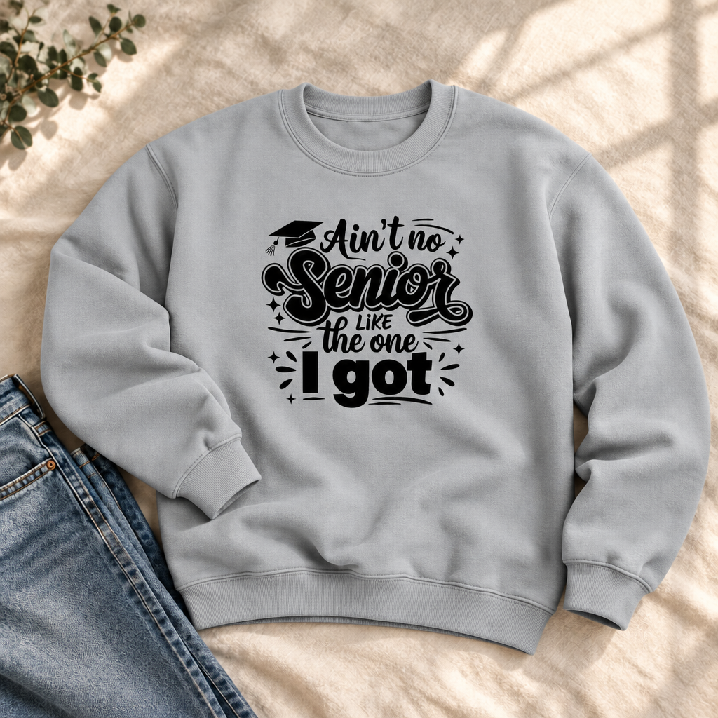 Boutique-style mockup of the Light Steel Senior Squad graduation crewneck