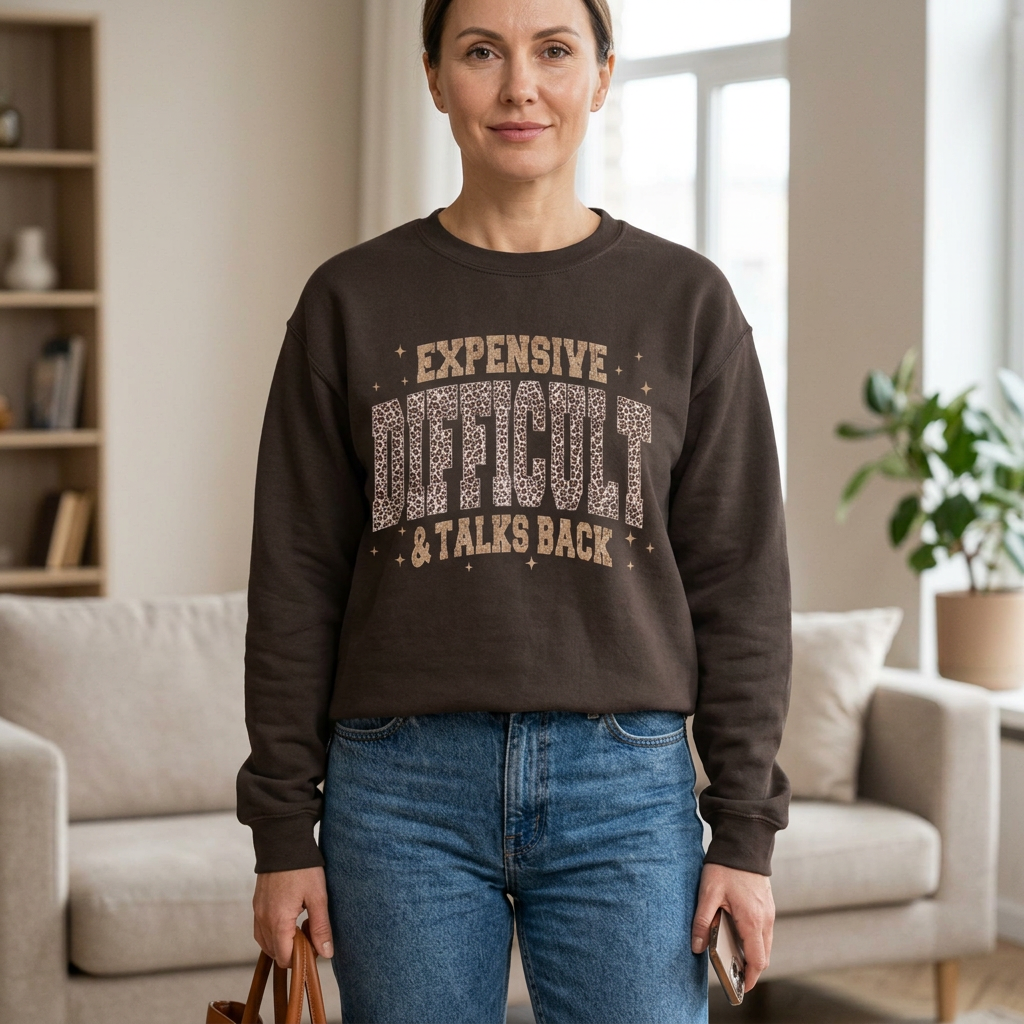 Woman wearing the dark brown Leopard Luxe Expensive and Difficult sweatshirt