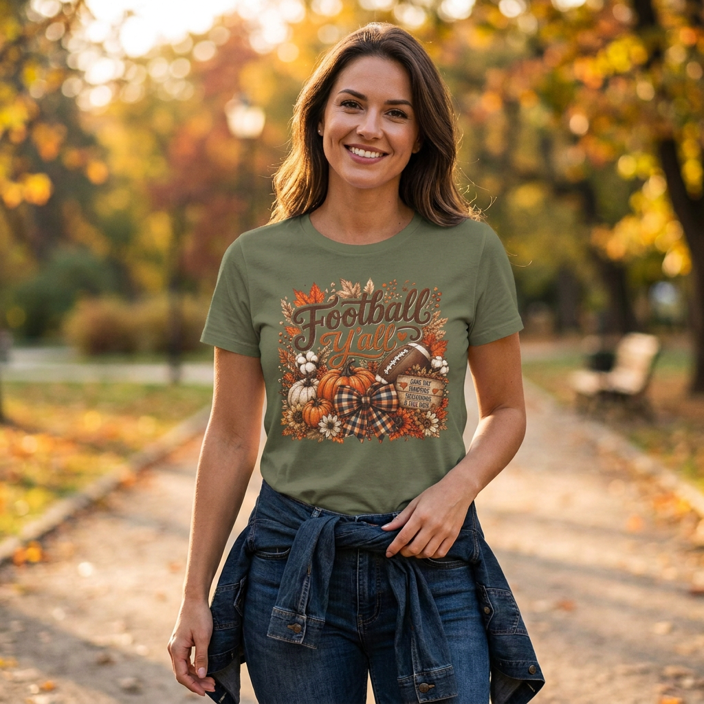 Woman wearing the olive-green Football Y’all T-shirt in a warm autumn setting