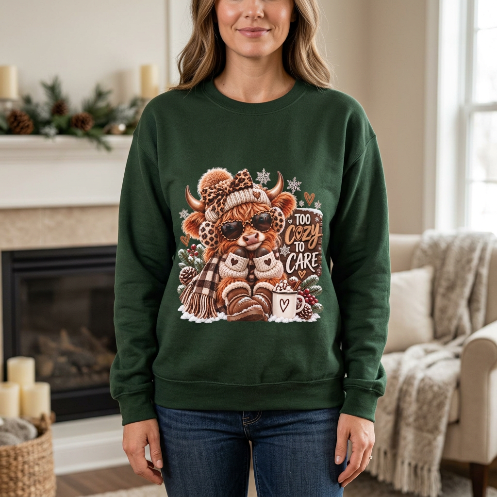 Forest green cozy Highland Cow sweatshirt worn by a woman