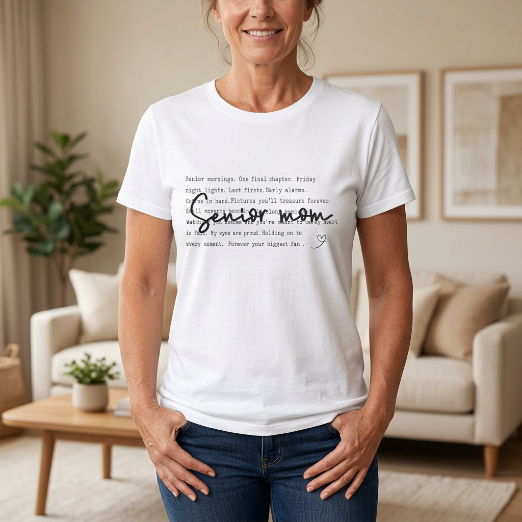 Woman wearing the white sentimental Senior Mom T-shirt