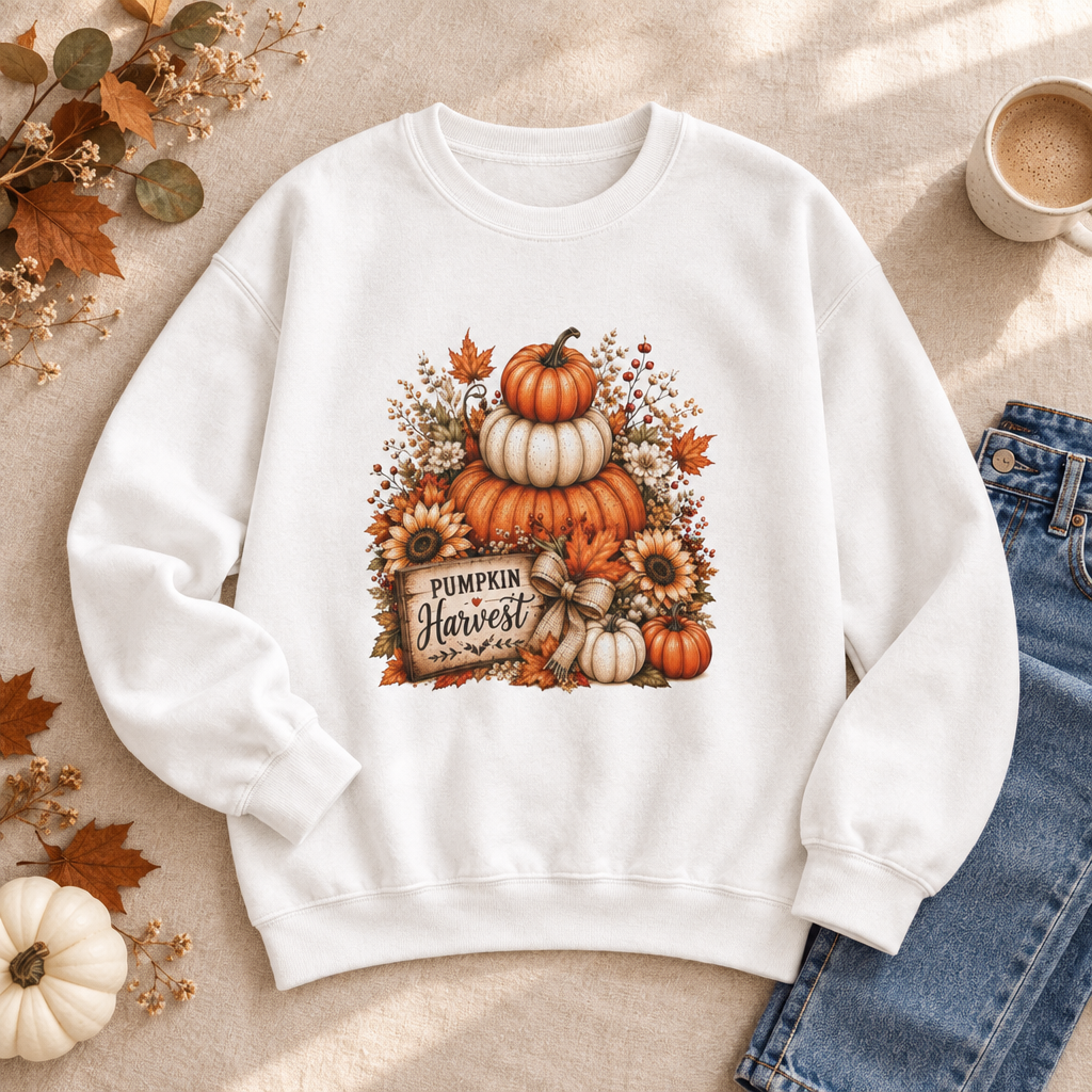Boutique-style mockup of the white Pumpkin Harvest crewneck sweatshirt