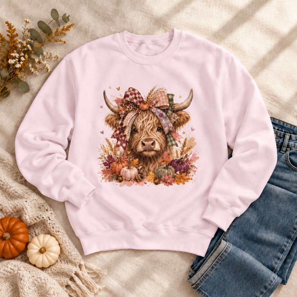 Baby Pink Highland Cow boutique sweatshirt mockup