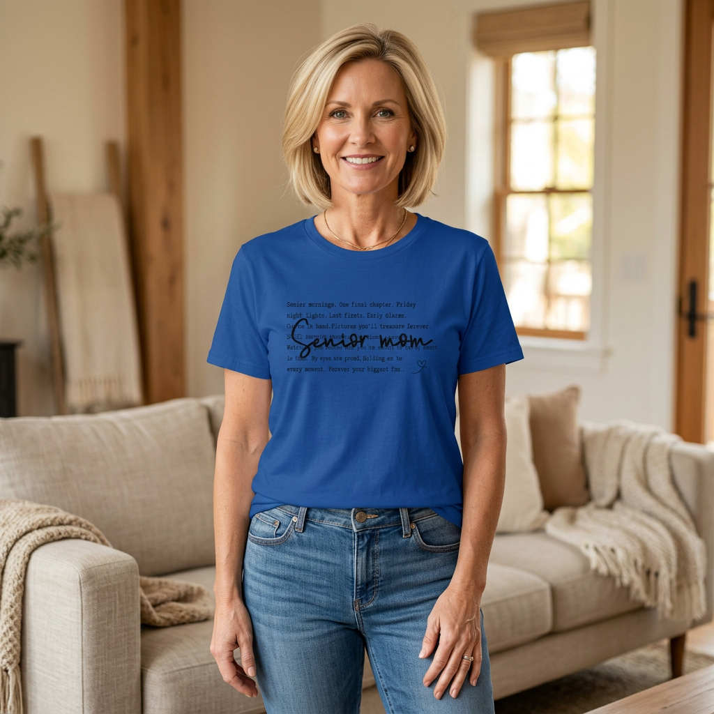 Woman wearing the royal blue sentimental Senior Mom T-shirt